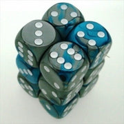 Chessex Manufacturing 26656 D6 Cube Gemini Set of 12 Dice44; 16 mm - Steel & Teal with White Numbering