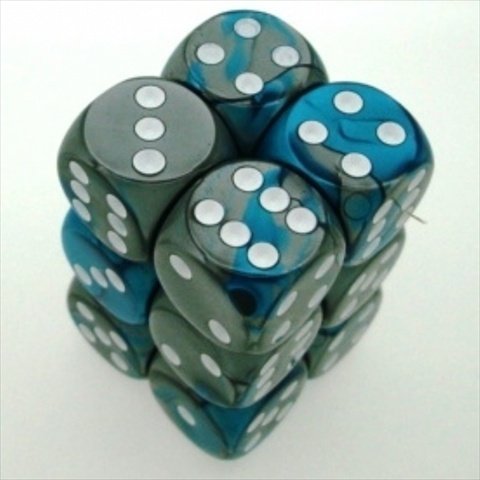Chessex Manufacturing 26656 D6 Cube Gemini Set of 12 Dice44; 16 mm - Steel & Teal with White Numbering