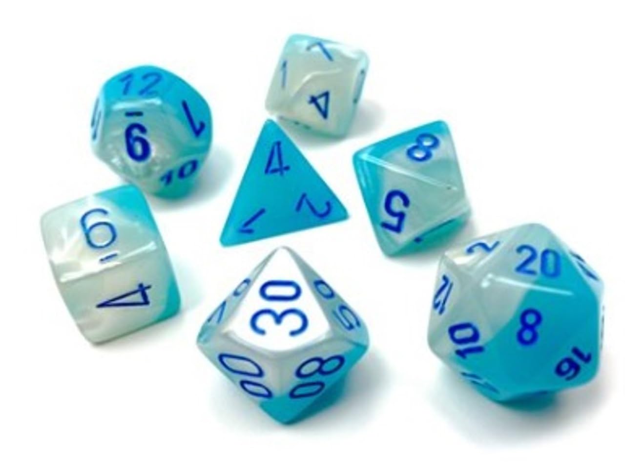 Gemini Polyhedral Dice Set | Set of 7 Dice in a Variety of Sizes Designed for Roleplaying Games | Premium Quality Dice for Tabletop RPGs | Luminary Turquoise, White and Blue Color | Made by Chessex