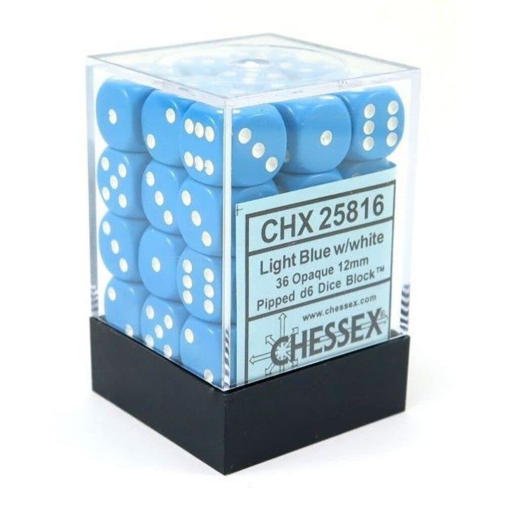 Chessex Opaque 12mm d6 Light Blue w/White Dice Block - Set of 36
