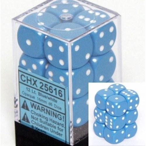 Chessex CHX25616 D6-16 mm. Opaque Dice, Light Blue - White, 12 Ct. Pack of 4