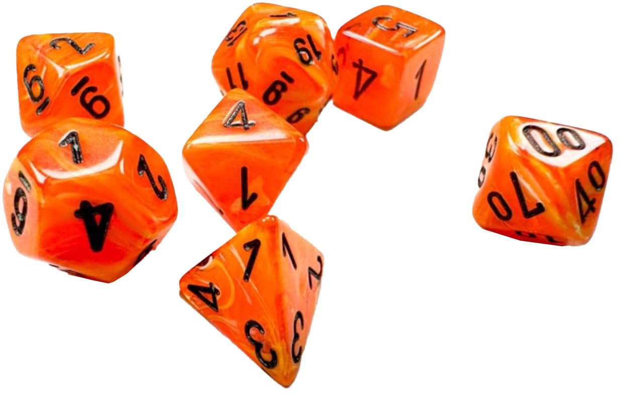 Orange Vortex Mini Dice with Black Numbers 10mm (3/8in) Set of 7 Chessex
