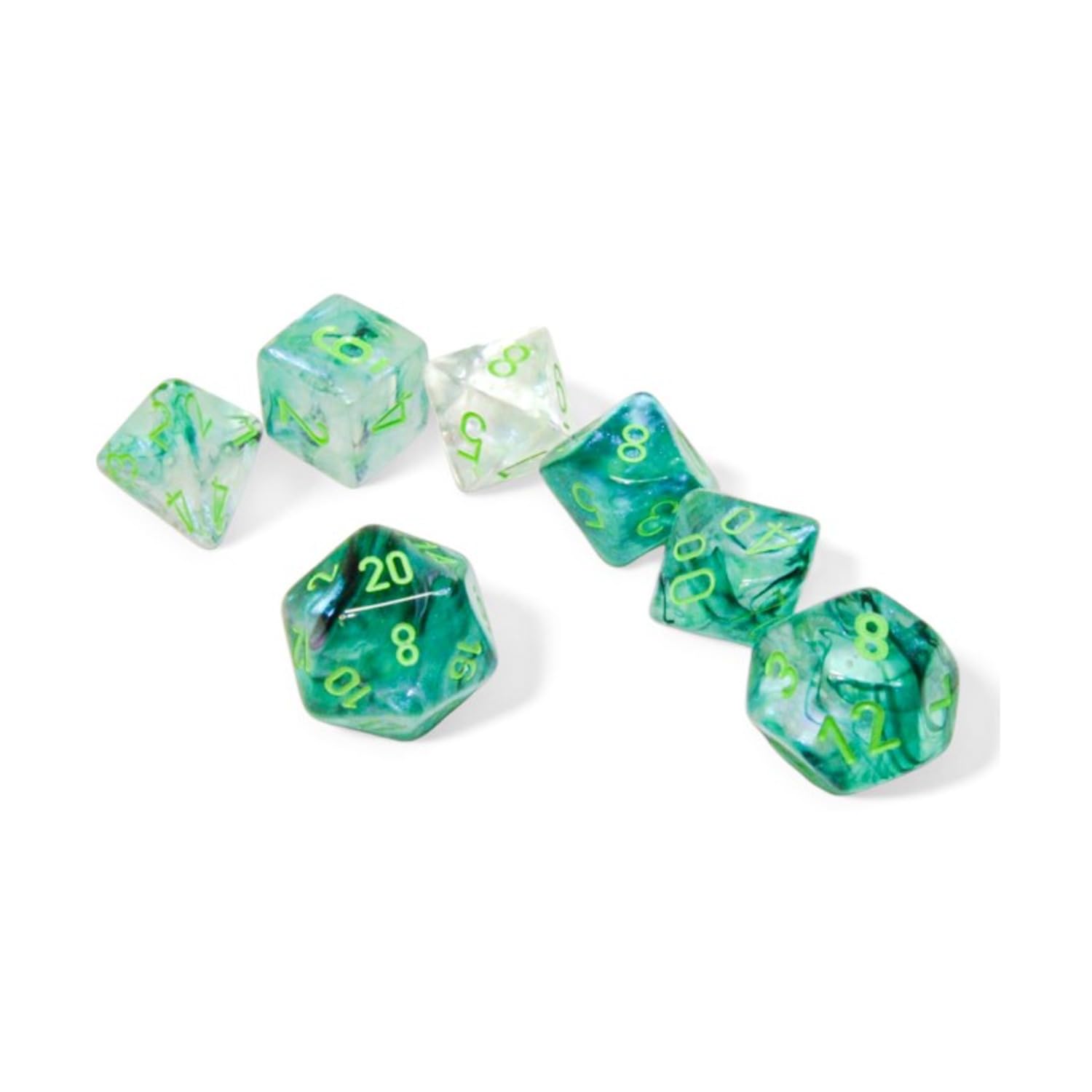 Kelp Borealis Luminary Dice with Light Green Numbers 16mm (5/8in) Set of 7 Chessex
