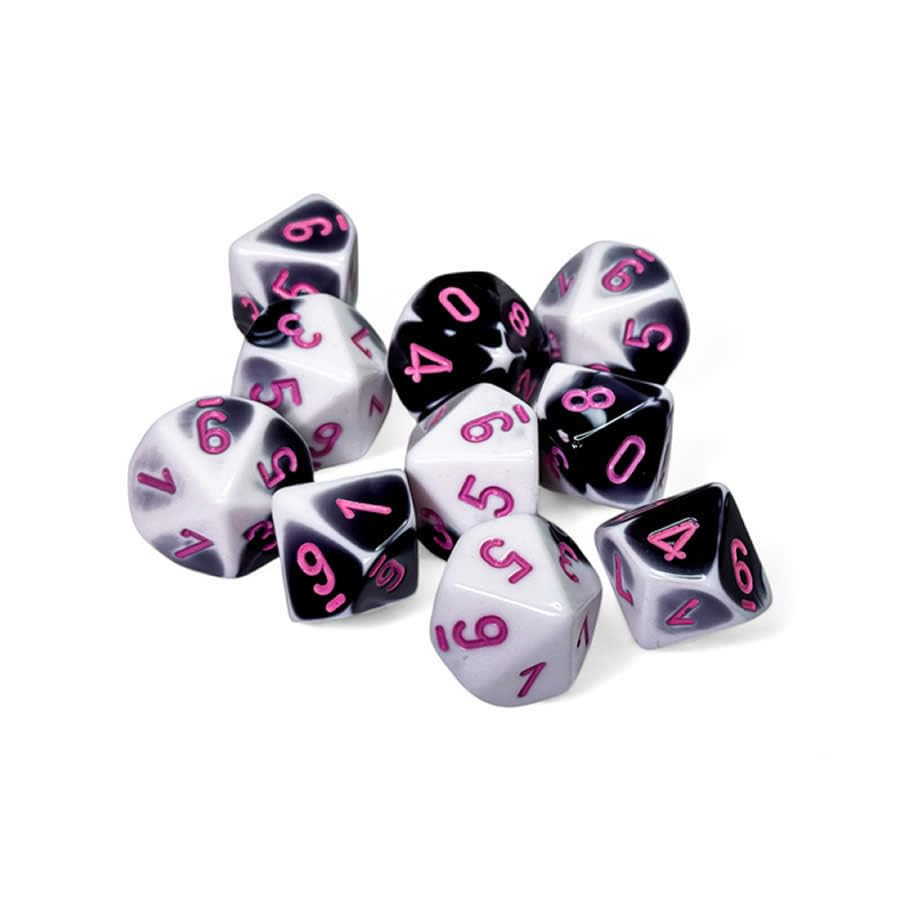 Black and White Gemini Dice with Pink Numbers D10 16mm (5/8in) Pack of 10 Dice Chessex