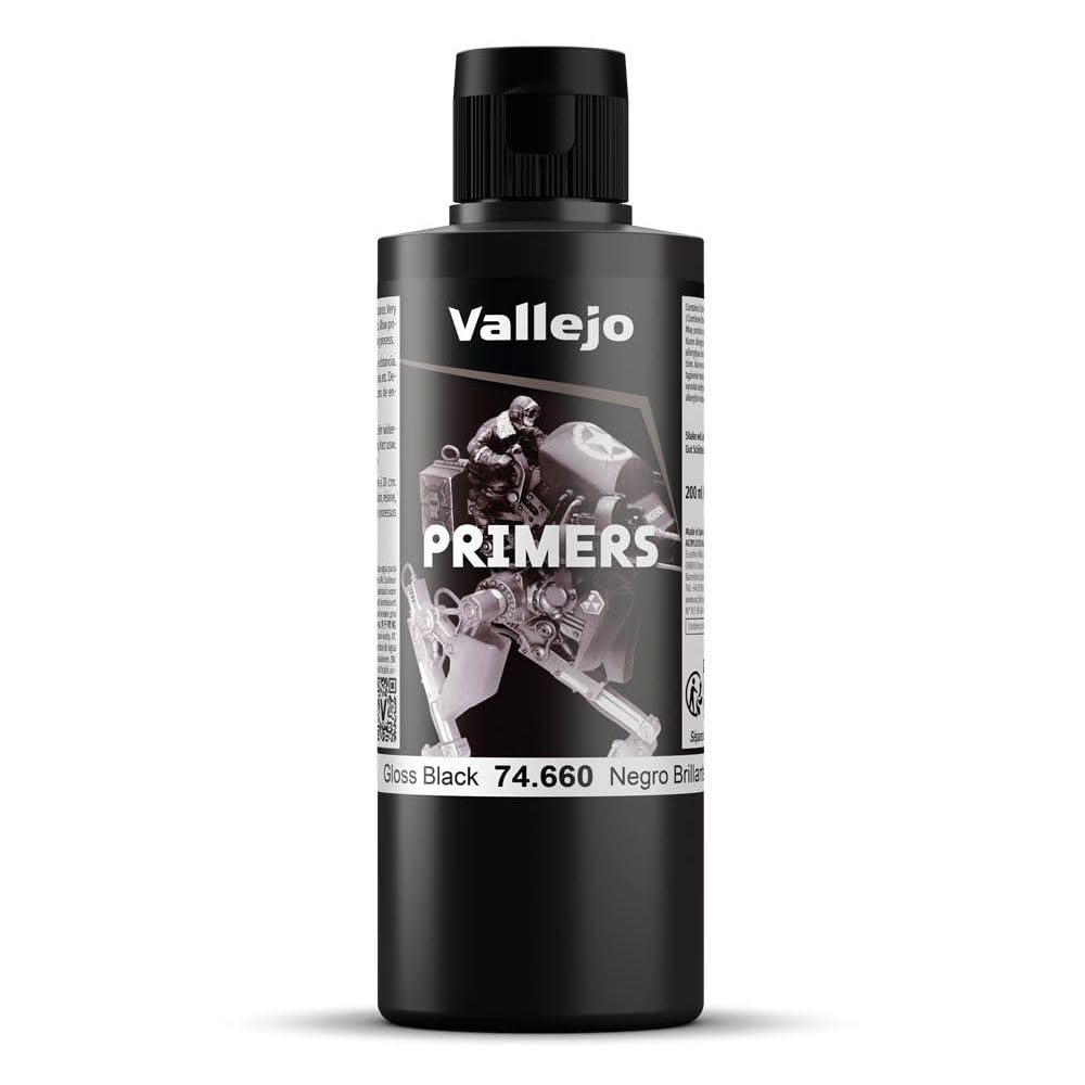 Vallejo - Surface Primer Color | Gloss Black Acrylic Primer 200 ml (6.76 fl.oz.) | Glossy Finish and Fast Drying | Perfect for Airbrushing and Great Adhesion to Figures and Scale Models