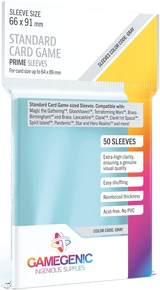 Prime Board Game Sleeves | Pack of 50 Extra-Clear Sleeves | 66 by 91 mm Card Sleeves Optimized for Use with Standard Card Games | Premium Card Protection | FFG Gray Color Code | Made by Gamegenic