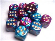 Chessex Manufacturing 26649 D6 Cube Gemini Set Of 12 Dice44; 16 mm - Purple & Teal With Gold Numbering