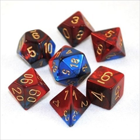 Chessex Manufacturing Cube Gemini Set Of 7 Dice - Blue & Red With Gold Numbering CHX-26429
