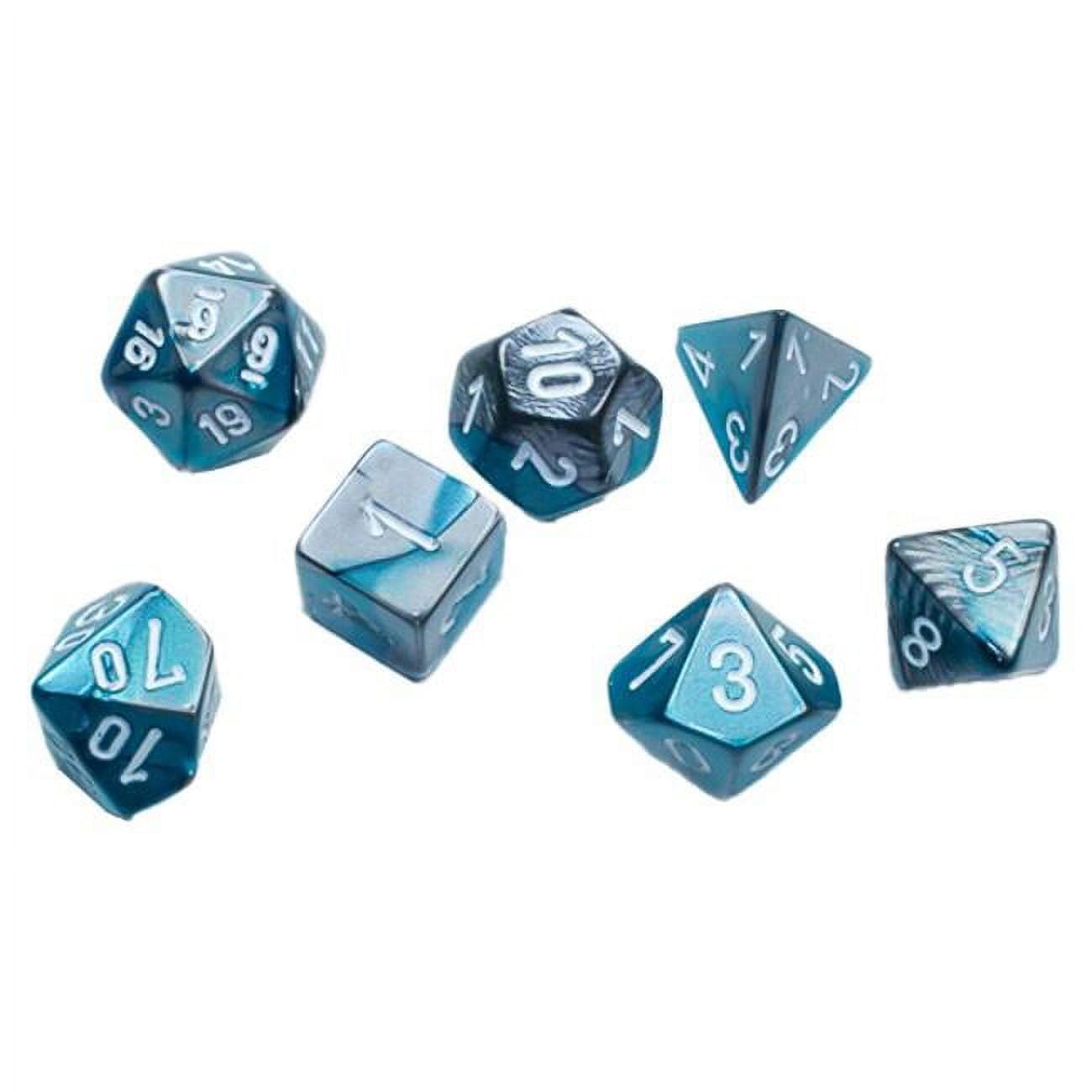 Steel and Teal Gemini Mini Dice with White Colored Numbers 10mm (3/8in) Set of 7 Chessex