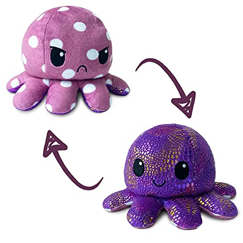 TeeTurtle Reversible Octopus Plushie 4-Inch Purple Polka Dot + Shimmer Two-Sided Flip Plush Toy with Embroidered Details - Cute Mini Collectible Plush for Kids, Teens, and Adults