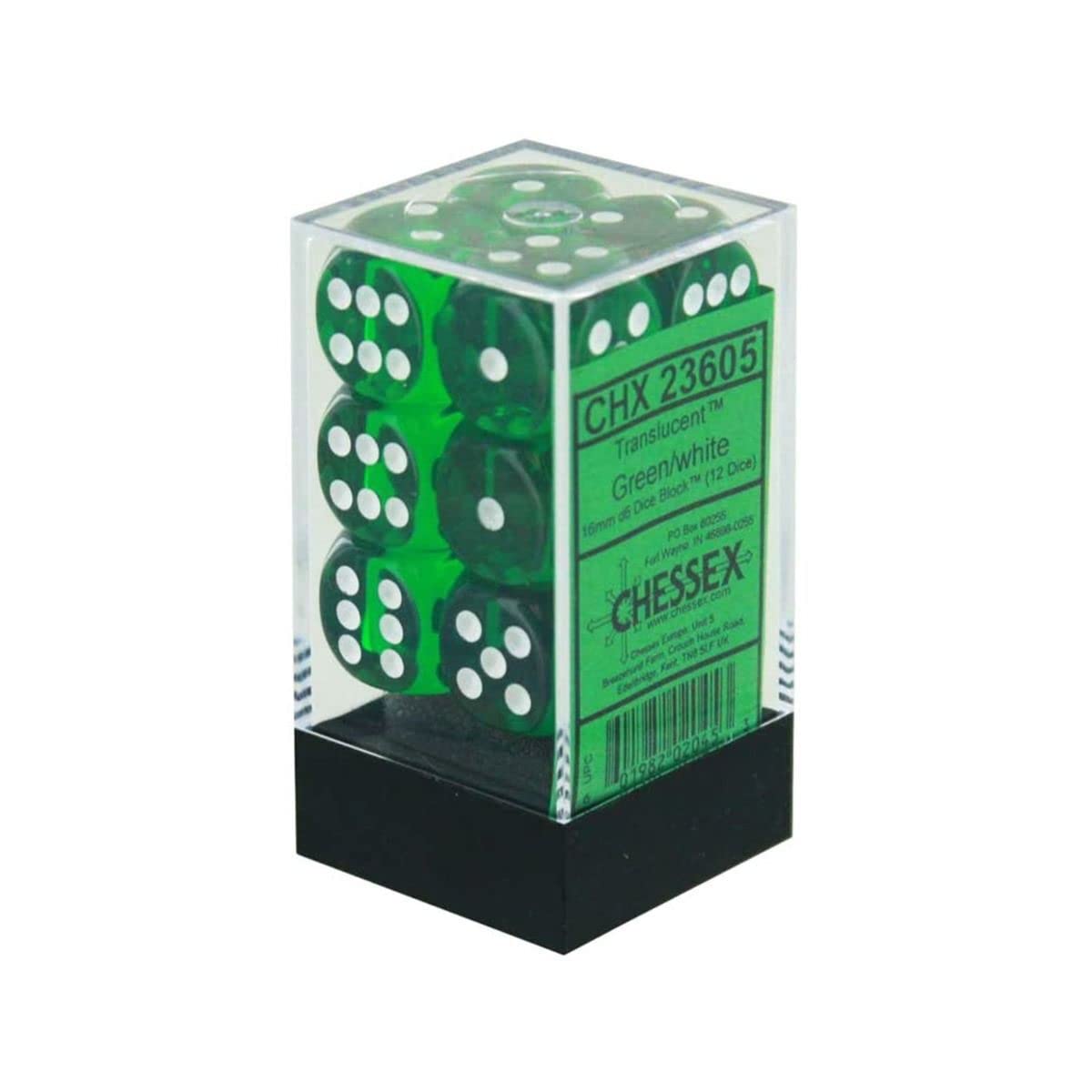 Chessex Green Translucent 16 mm with White Numbers D6 Dice Block (12 dice)