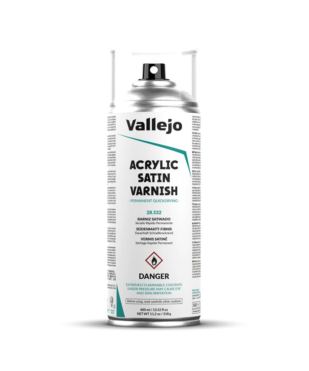 Vallejo - Acrylic Satin Varnish Spray | Long Lasting Protection | Scratch Resistant & Non-Yellowing | Exterior & Interior Surfaces | 400 ml (13.52 fl.oz.)