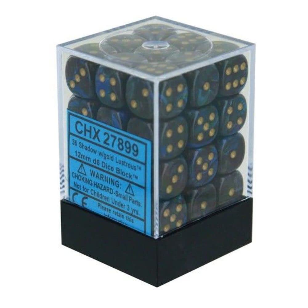 DND Dice Set-Chessex D&D Dice-12mm Lustrous Shadow and Gold Plastic Polyhedral Dice Set- for Dungeons and Dragons Dice Includes 36 Dice – D6 (CHX27899)