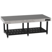 Welding Fixture Table, Fixed Height, 36"H x 96"L x 48"D, 1/4" Carbon Steel Top, Six Black Powdercoat Legs, Shelf, Self-Leveling Feet