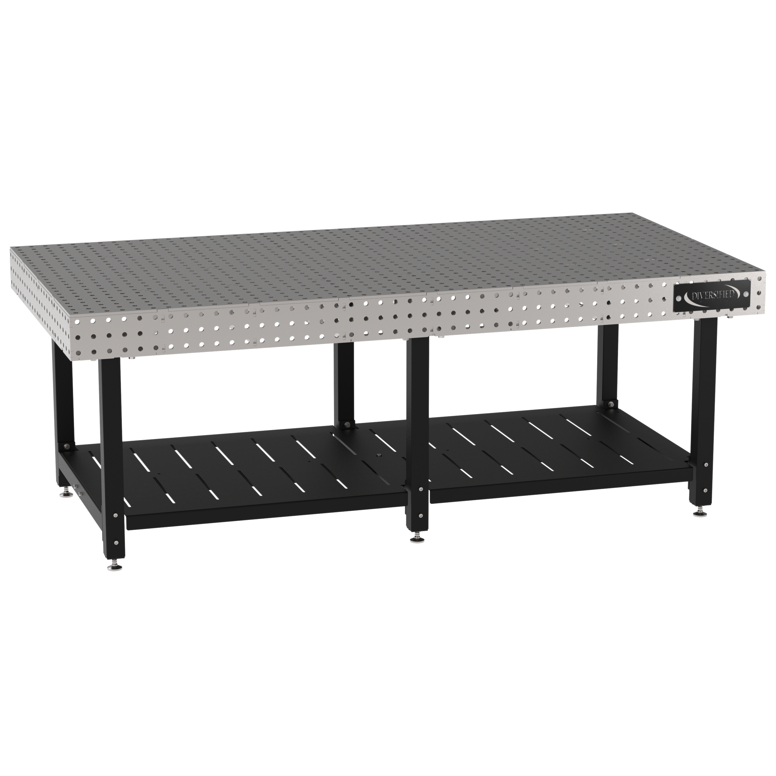 Welding Fixture Table, Fixed Height, 36"H x 96"L x 48"D, 1/4" Carbon Steel Top, Six Black Powdercoat Legs, Shelf, Self-Leveling Feet