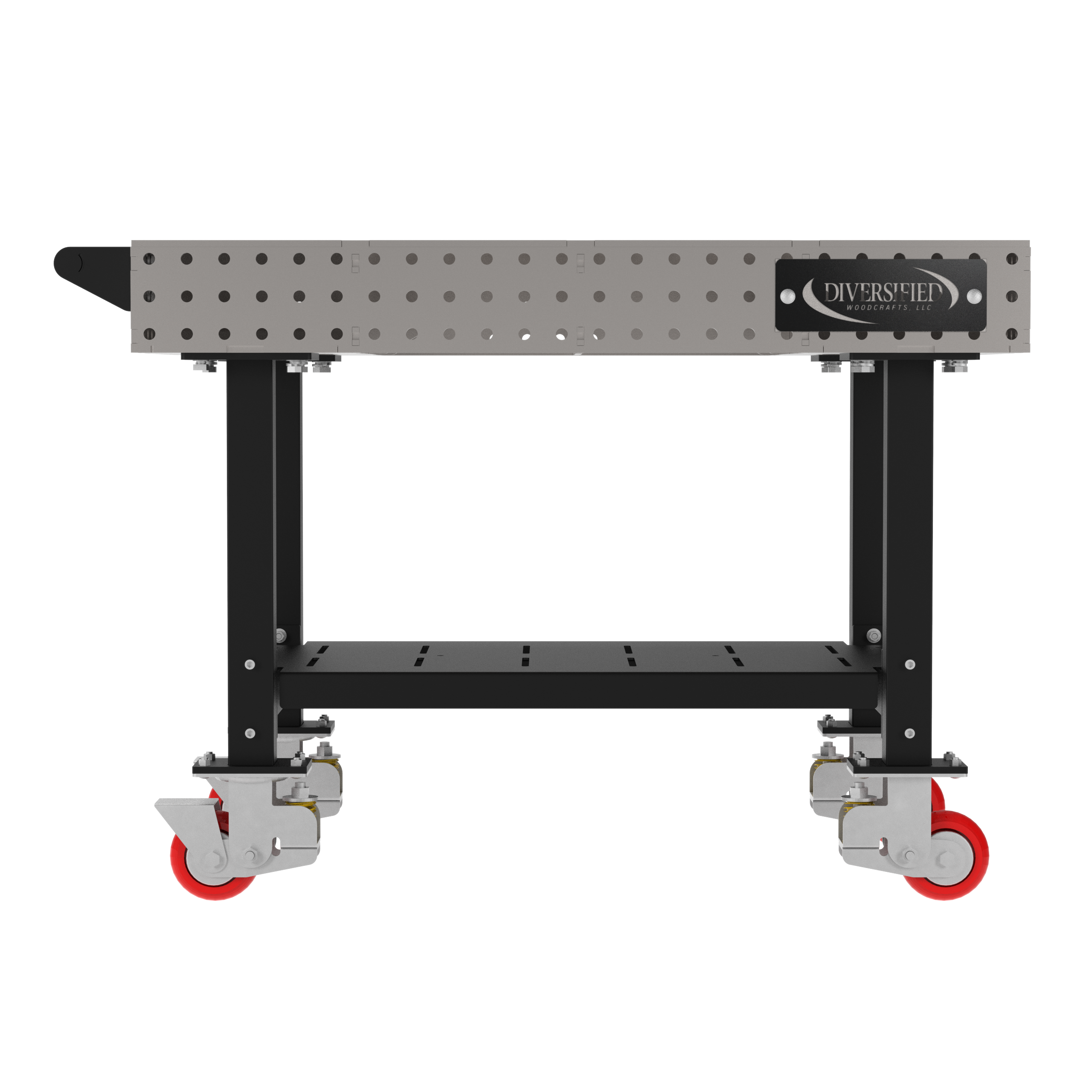 Welding Fixture Table, Fixed Height, 36"H x 48"L x 30"D, 1/4" Carbon Steel Top, Four Black Powdercoat Legs, Shelf, Handle, 4 Heavy Duty Suspension Casters (2 Locking/Swiveling Casters and 2 Non-Locking/Non-SwivelingCasters)