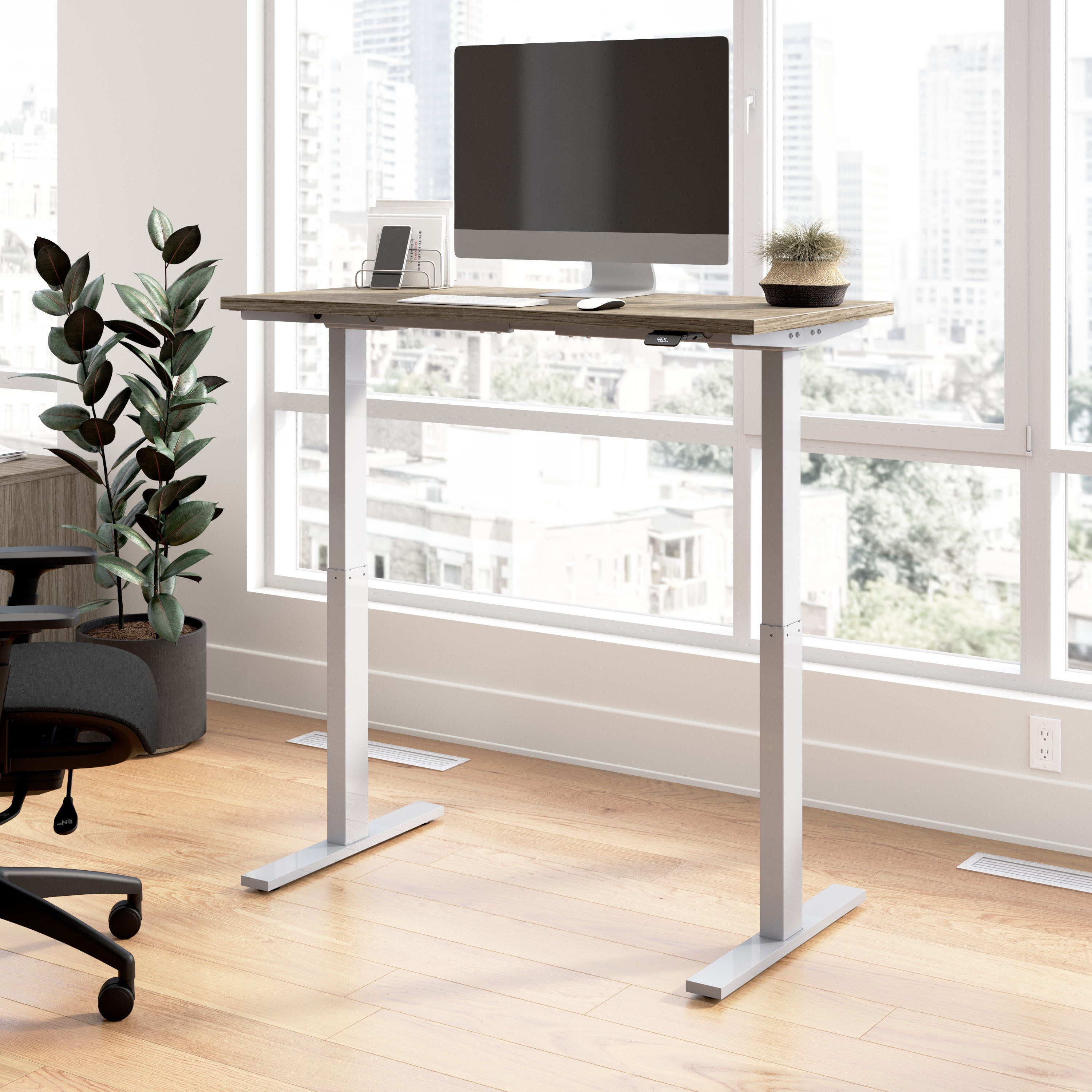 Bush Business Furniture Move 60 Series 48W x 24D Electric Height Adjustable Standing Desk in Modern Hickory with Metallic Gray Base - 47.6" Width x 23.62" Depth x 47.69" Height