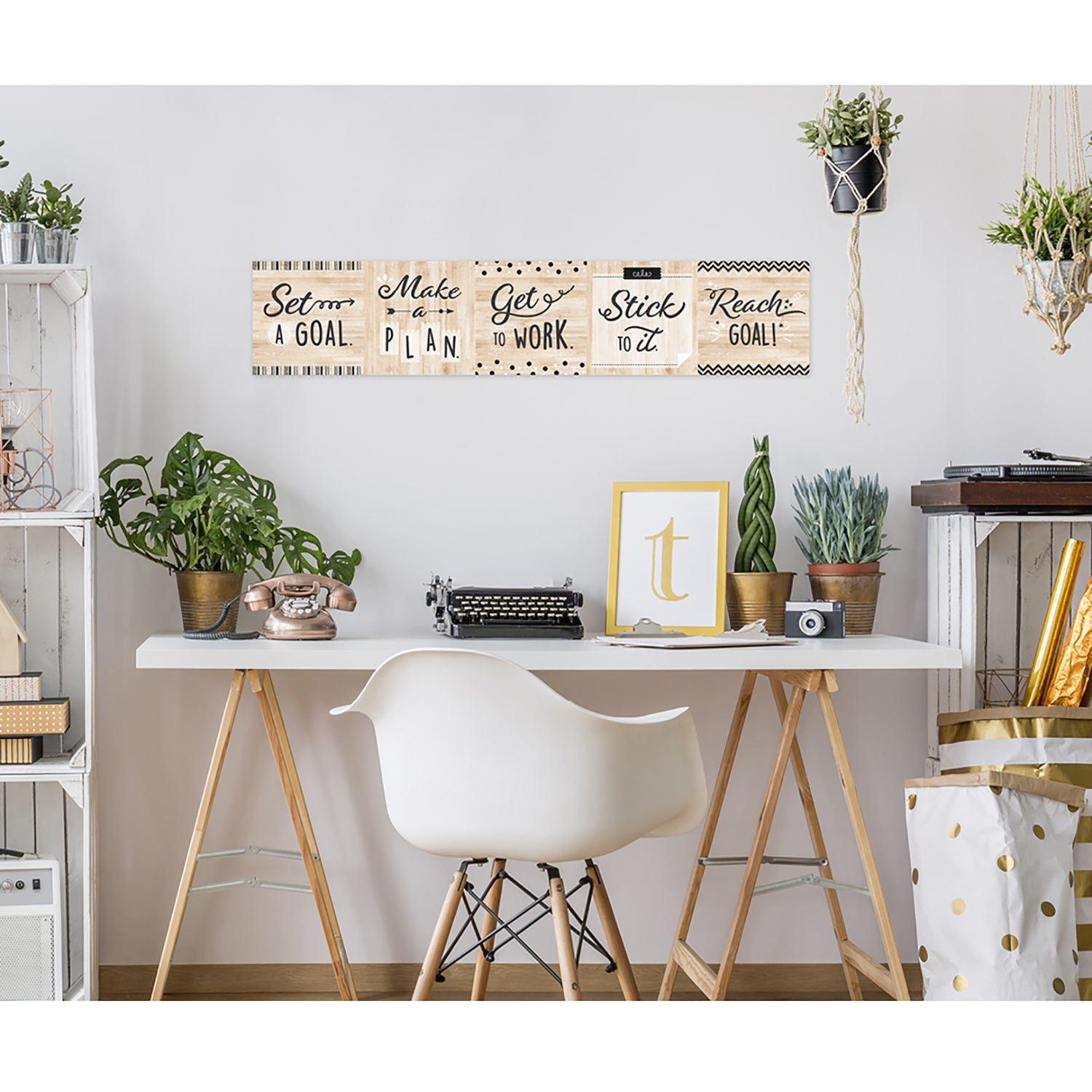 Black, White, and Wood Welcome Banner, 8" x 39"