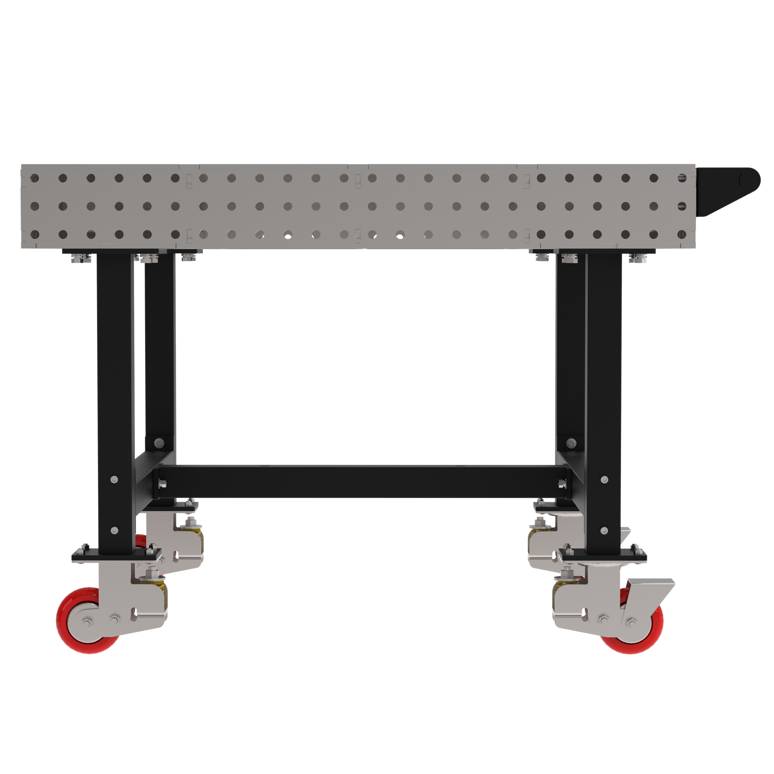 Welding Fixture Table, Fixed Height, 36"H x 48"L x 48"D, 1/4" Carbon Steel Top, Four Black Powdercoat Legs, Handle, 4 Heavy Duty Suspension Casters (2 Locking/Swiveling Casters and 2 Non-Locking/Non-SwivelingCasters)