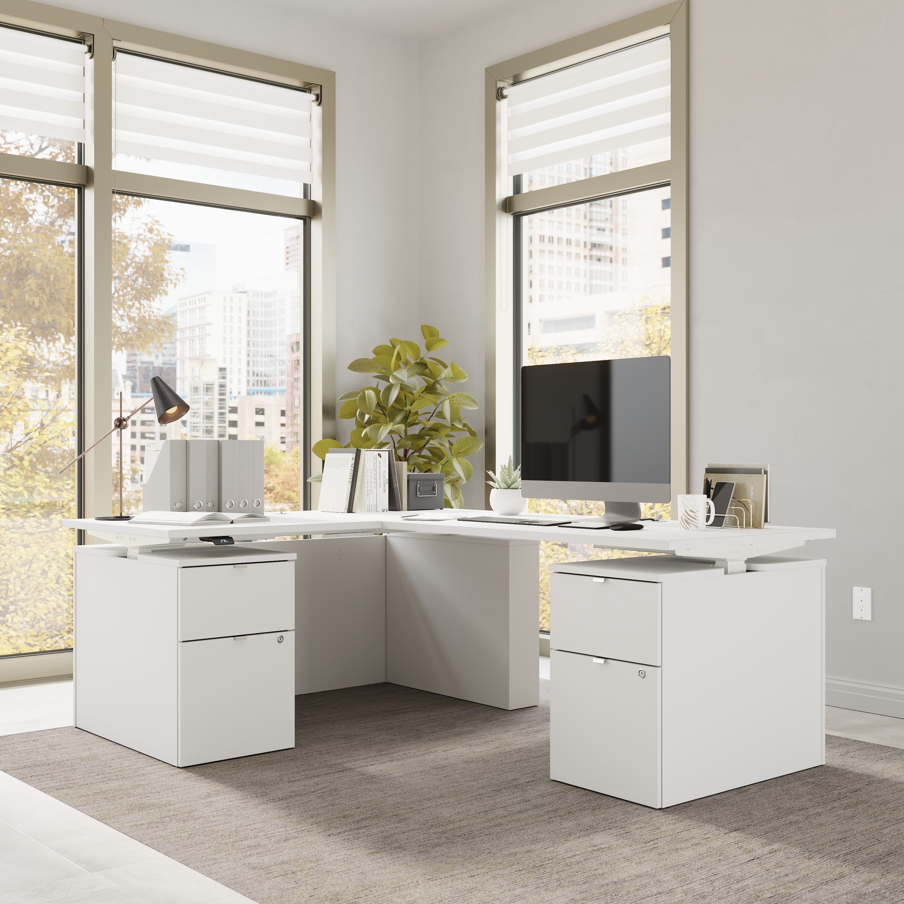 Bush Business Furniture Stratus&nbsp;60W x&nbsp;78D Height Adjustable L Shaped Standing Desk with Drawers in White with White Base - 59.45" Width x 76.97" Depth x 27.44" Height