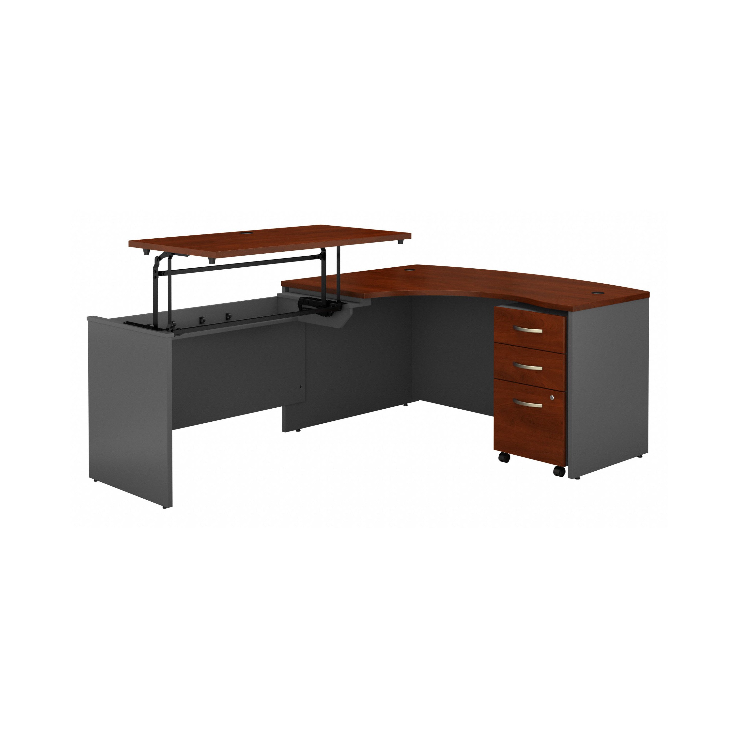 Bush Business Furniture Series C 60W x 43D Left Hand 3 Position Sit to Stand L Shaped Desk with Mobile File Cabinet in Hansen Cherry/Graphite Gray - 58.86" Width x 85.51" Depth x 29.84" Height