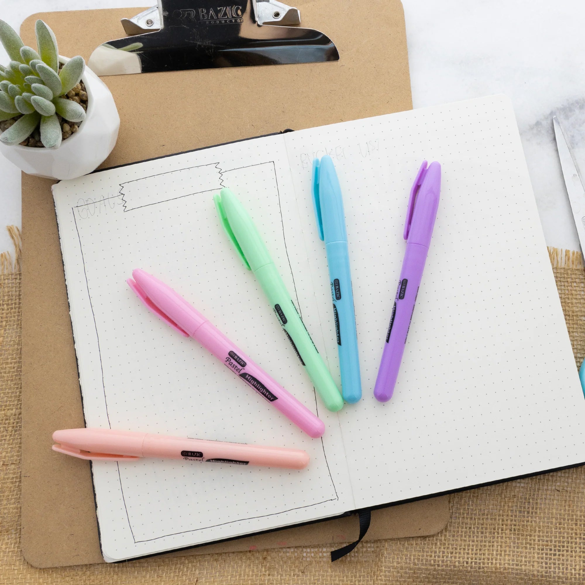 Pen Style Highlighter with Pocket Clip, Pastel, Pack of 5