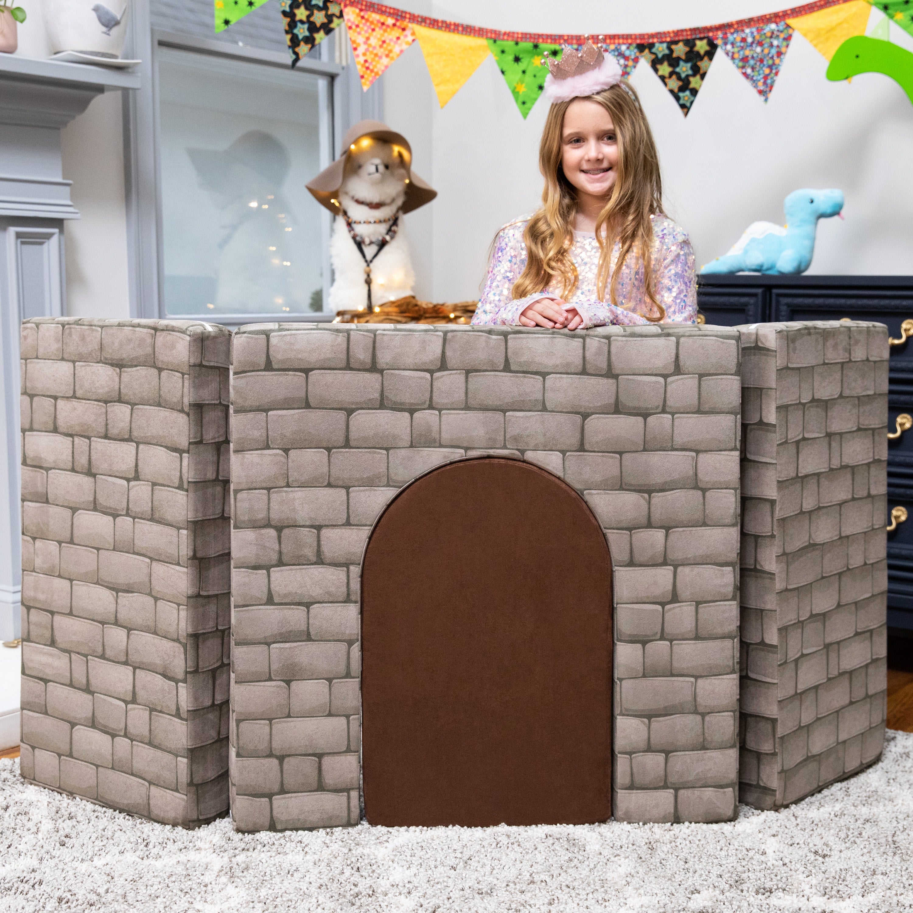 Jaxx Zipline Playscape Castle Gate - Modular Playtime Furniture for Imaginative Kids - Prints, Stone/Chocolate