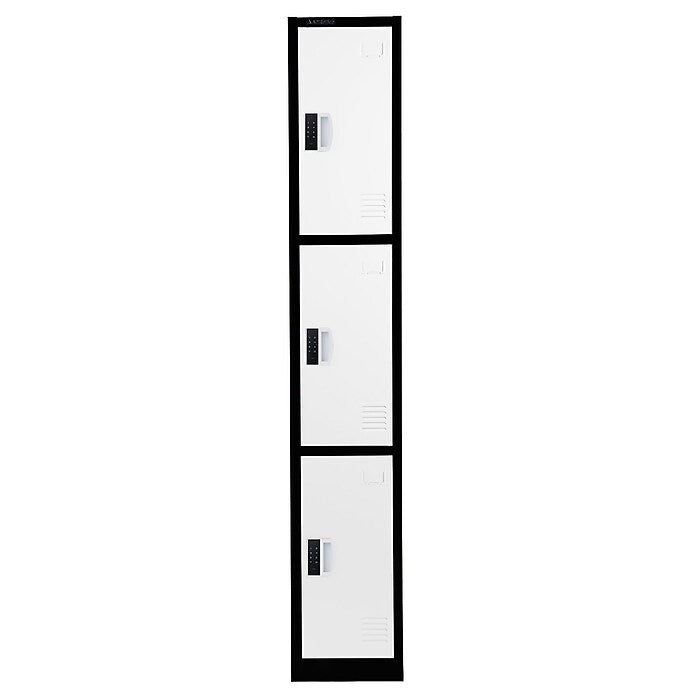 72" H x 12" W  Triple Tier Steel Storage Locker with Digital Lock, Black and White