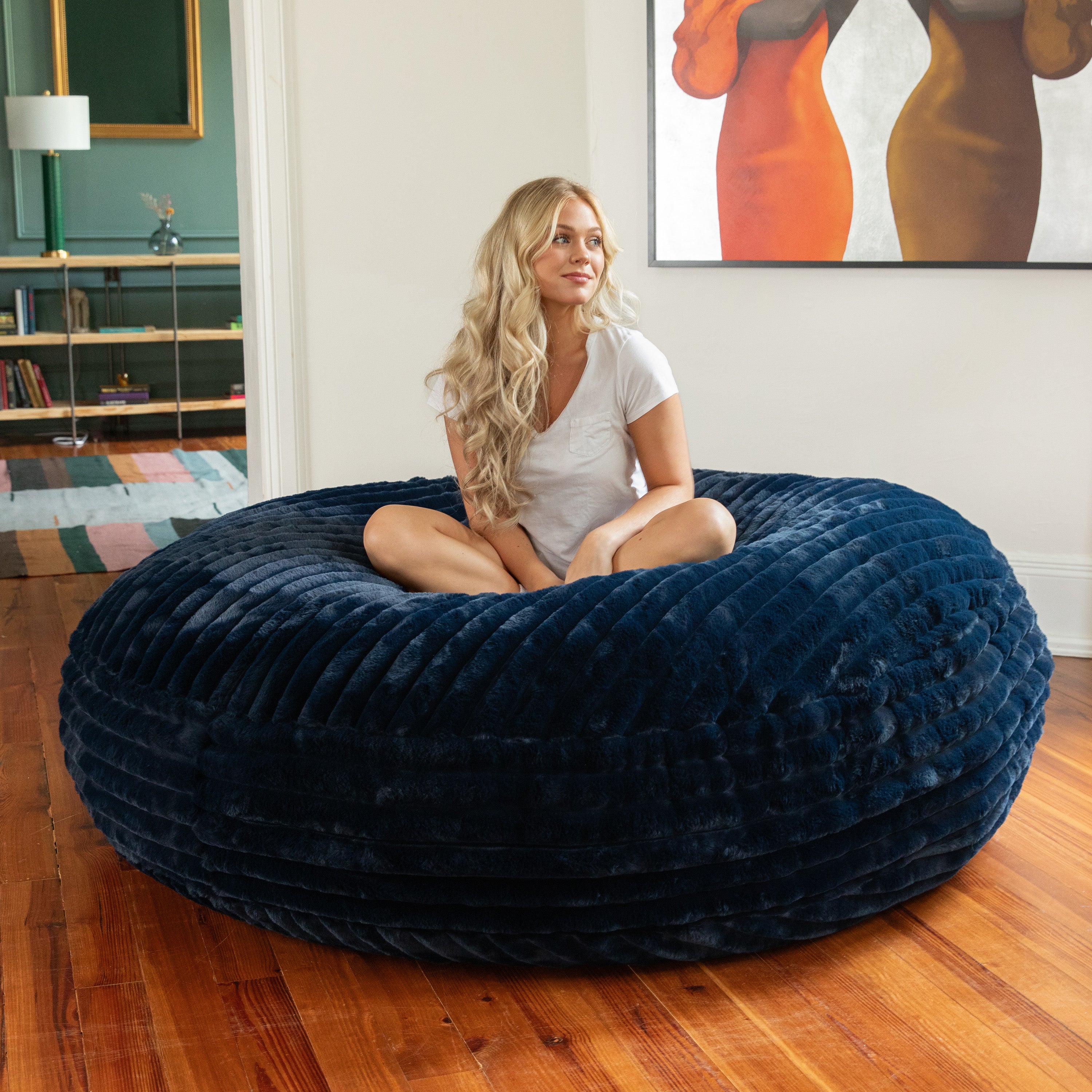 Jaxx 6 Foot Cocoon - 2-in-1 Convertible Bean Bag Bed & Large Bean Bag Chair for Adults, Premium Luxe Faux Fur - Mondo Midnight Blue