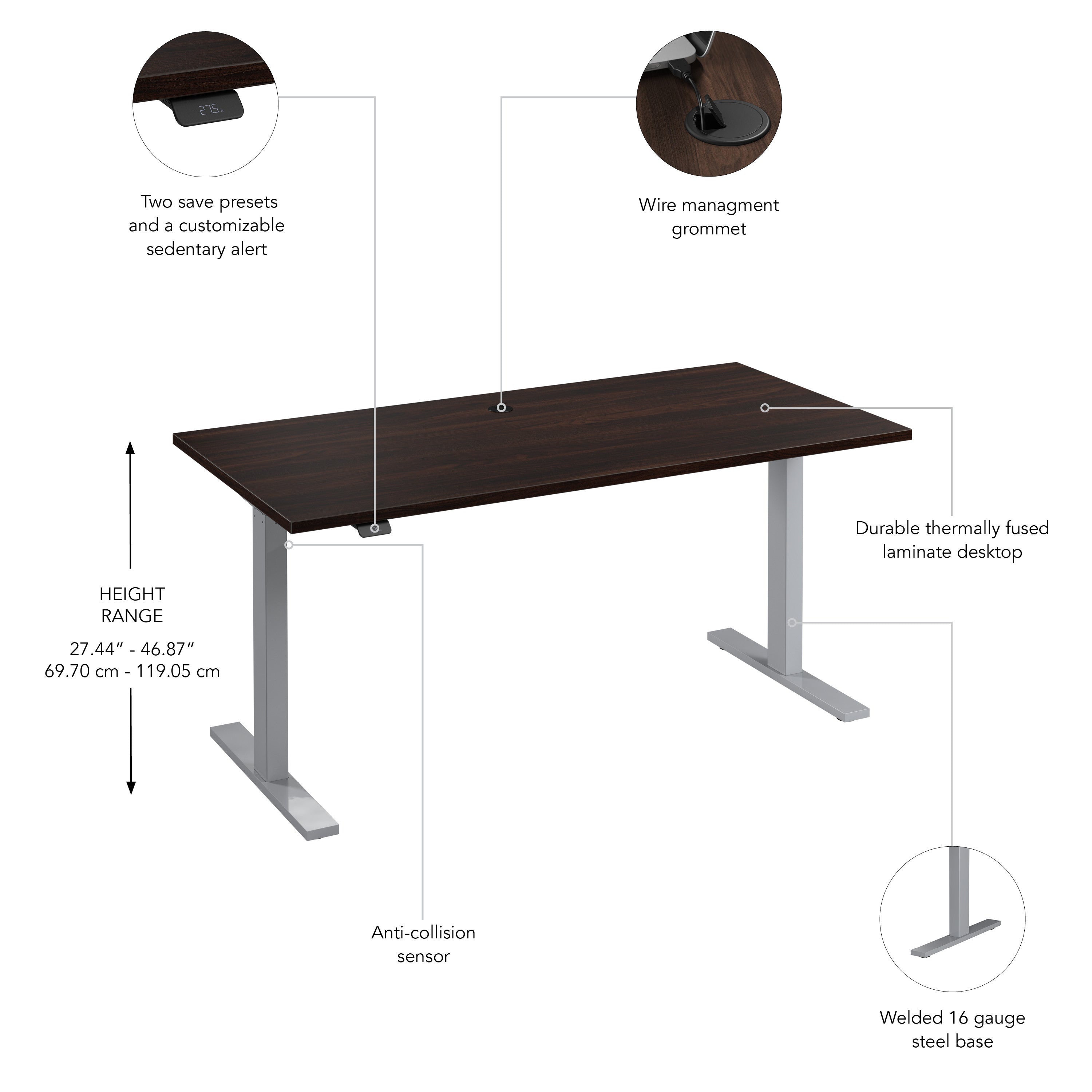 Bush Business Furniture Move 60 Series 60W x 30D Electric Height Adjustable Standing Desk in Black Walnut with Metallic Gray Base - 59.45" Width x 29.37" Depth x 47.69" Height