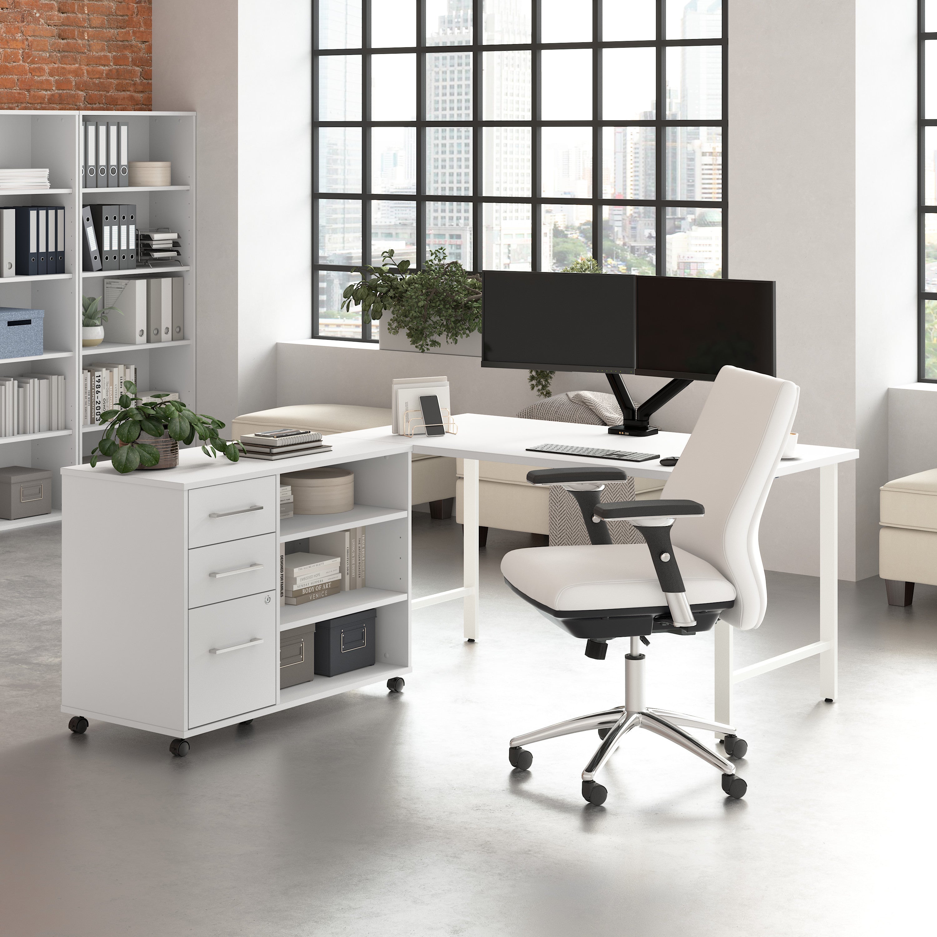Bush Business Furniture Hustle 60W x 30D Computer Desk and Storage Cabinet with Drawers and Shelves in White - 59.44" Width x 29.37" Depth x 30.07" Height