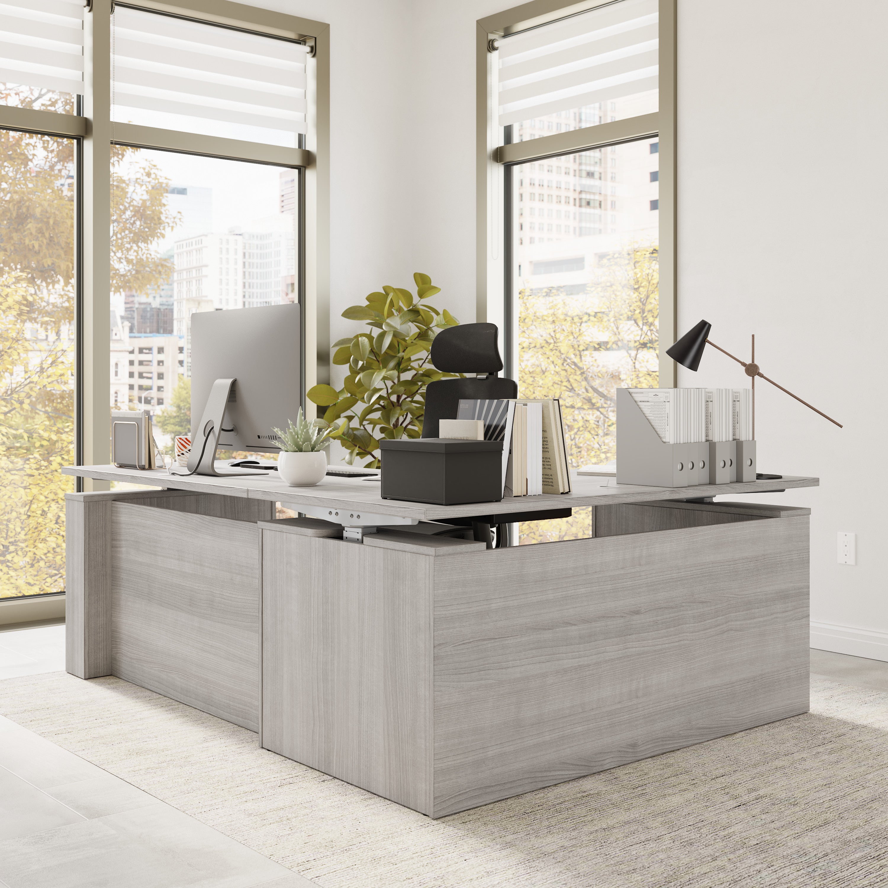 Bush Business Furniture Stratus&nbsp;60W x&nbsp;78D Electric Height Adjustable L Shaped Standing Desk in Platinum Gray with Metallic Gray Base - 59.45" Width x 76.97" Depth x 27.44" Height