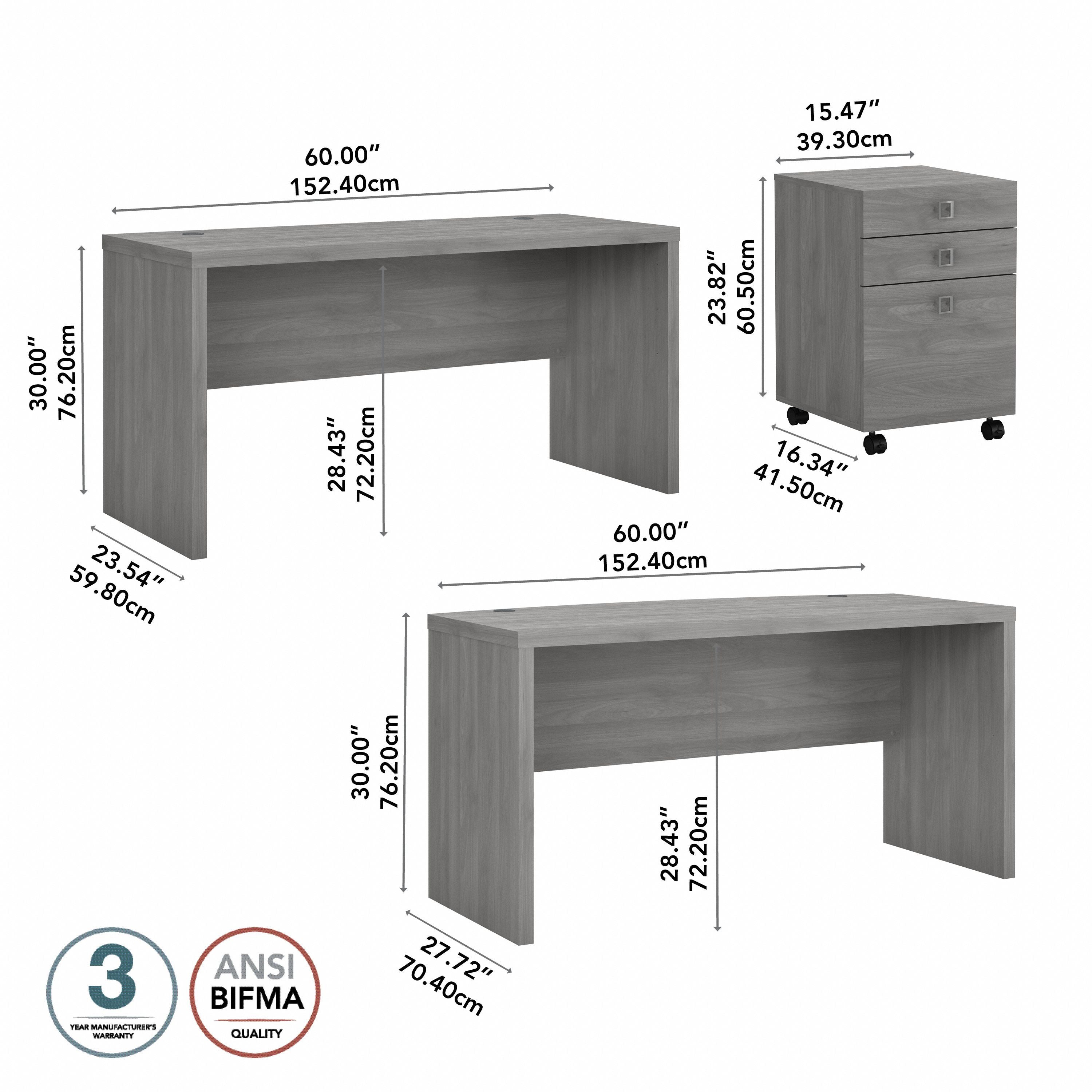 Bush Business Furniture Echo Bow Front Desk and Credenza with Mobile File Cabinet in Modern Gray - 60" Width x 87.26" Depth x 30" Height