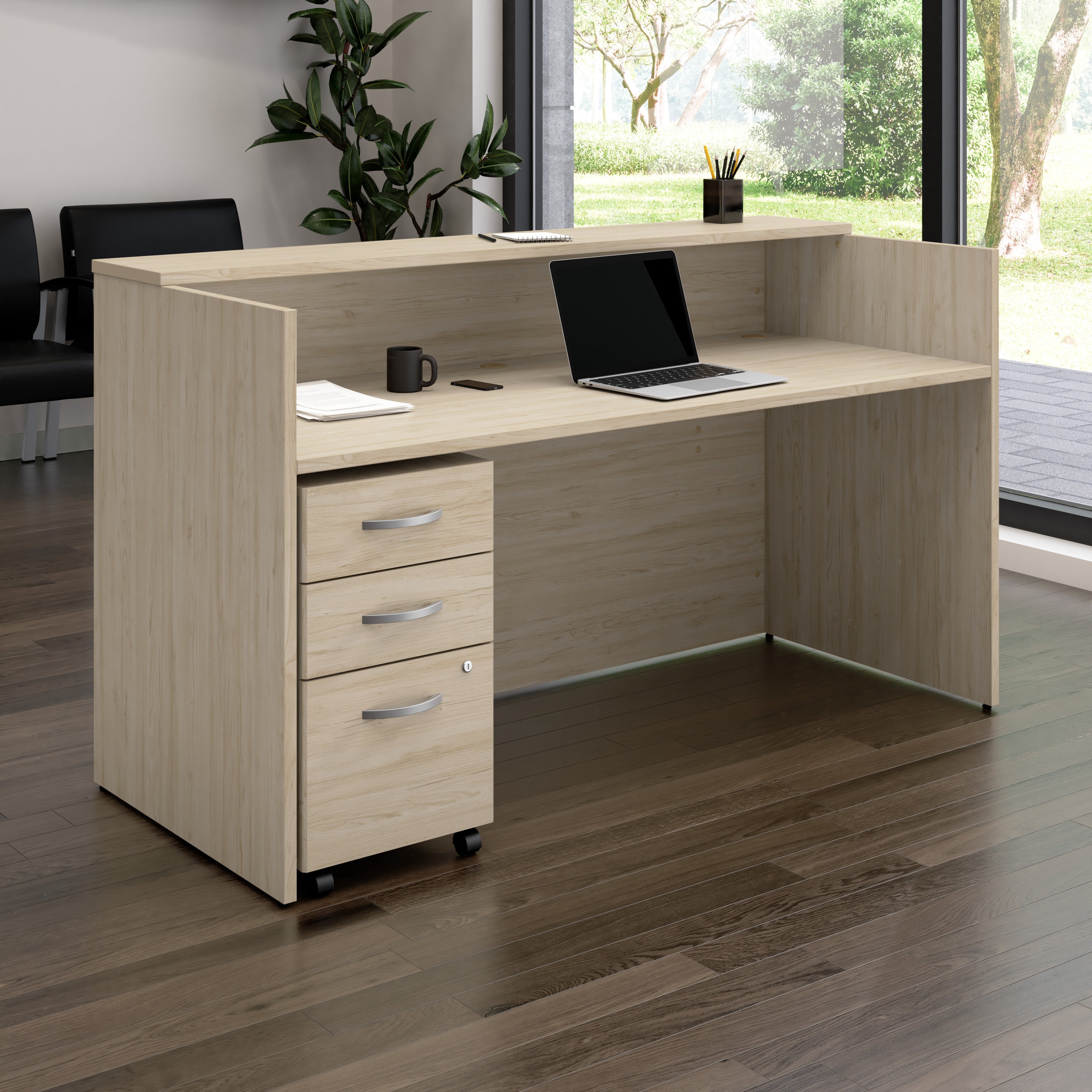Bush Business Furniture Arrive 72W x 30D Reception Desk with Shelf and Mobile File Cabinet in Natural Elm - 71.02" Width x 29.49" Depth x 40.35" Height