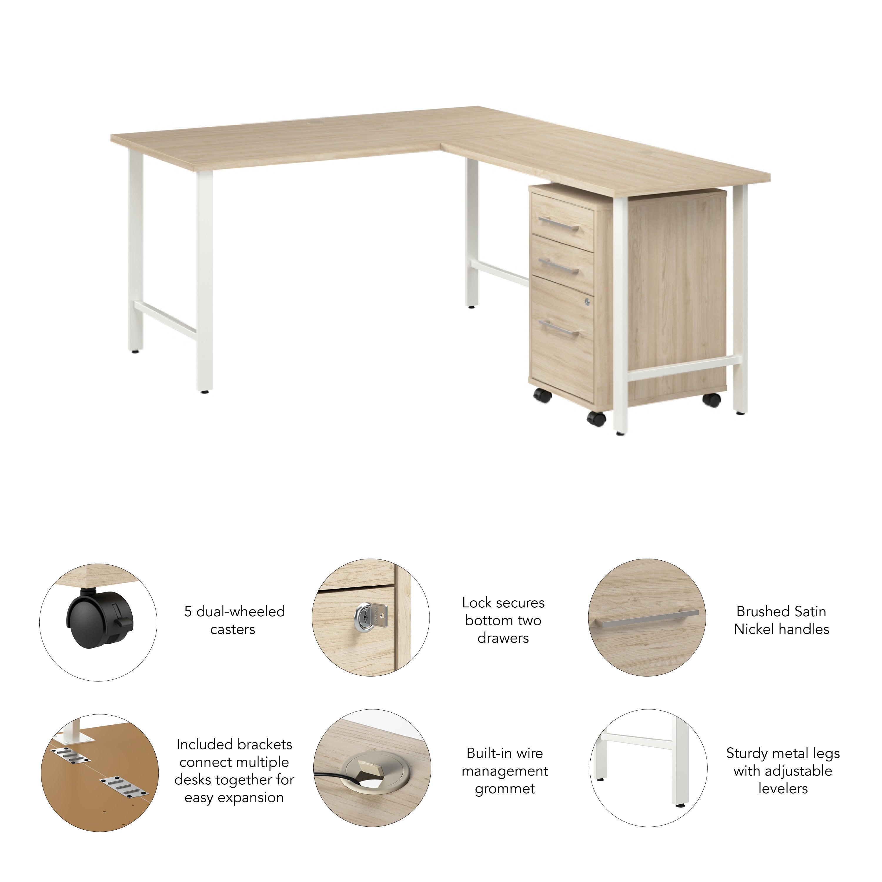 Bush Business Furniture Hustle 60W x 30D L Shaped Computer Desk with 3 Drawer Mobile File Cabinet in Natural Elm - 59.44" Width x 71.33" Depth x 30.07" Height