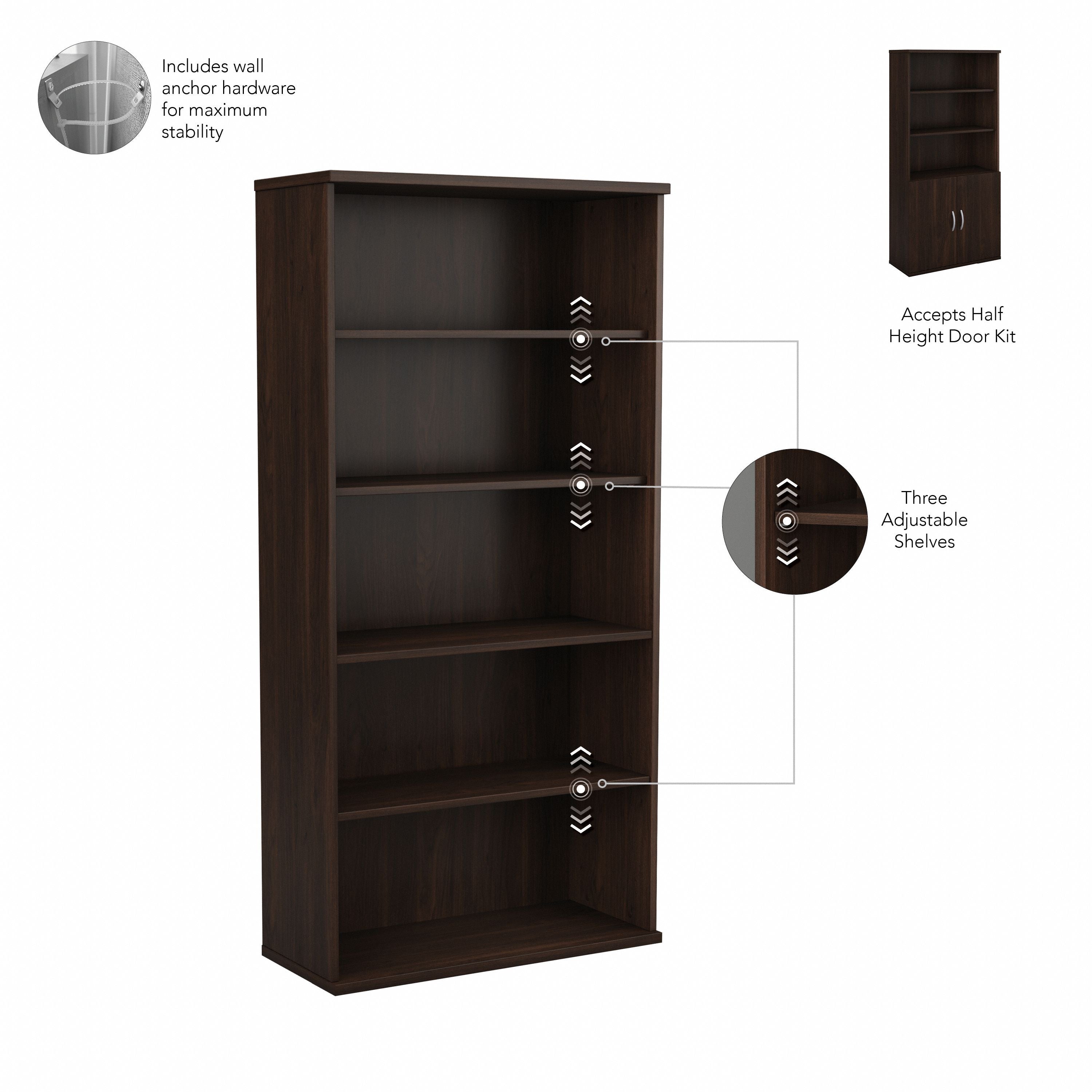 Bush Business Furniture Studio C Tall 5 Shelf Bookcase in Black Walnut - 35.71" Width x 15.43" Depth x 72.8" Height
