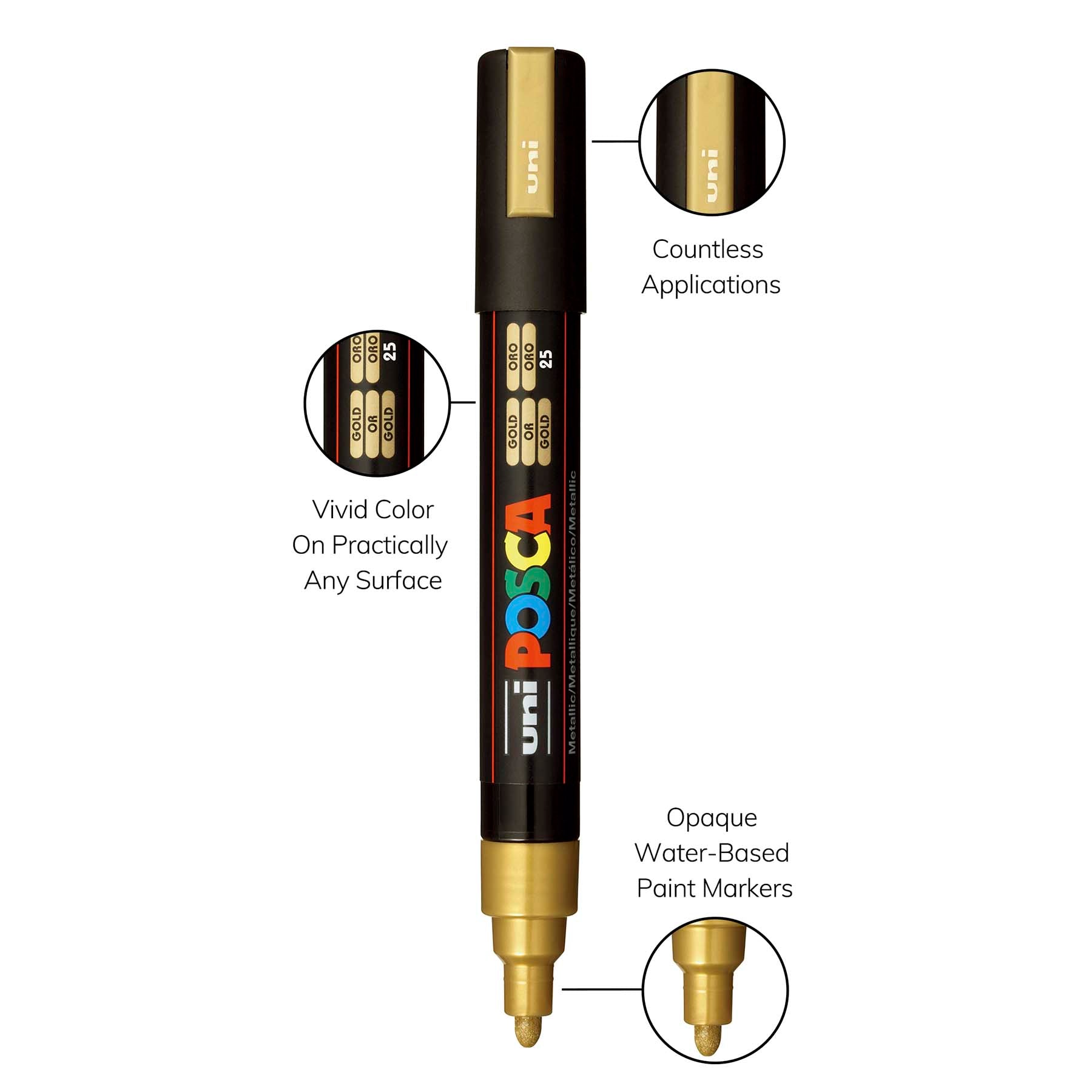 uni® POSCA PC-5M Water-Based Paint Markers, Reversible Medium Tip (1.8-2.5mm), Gold