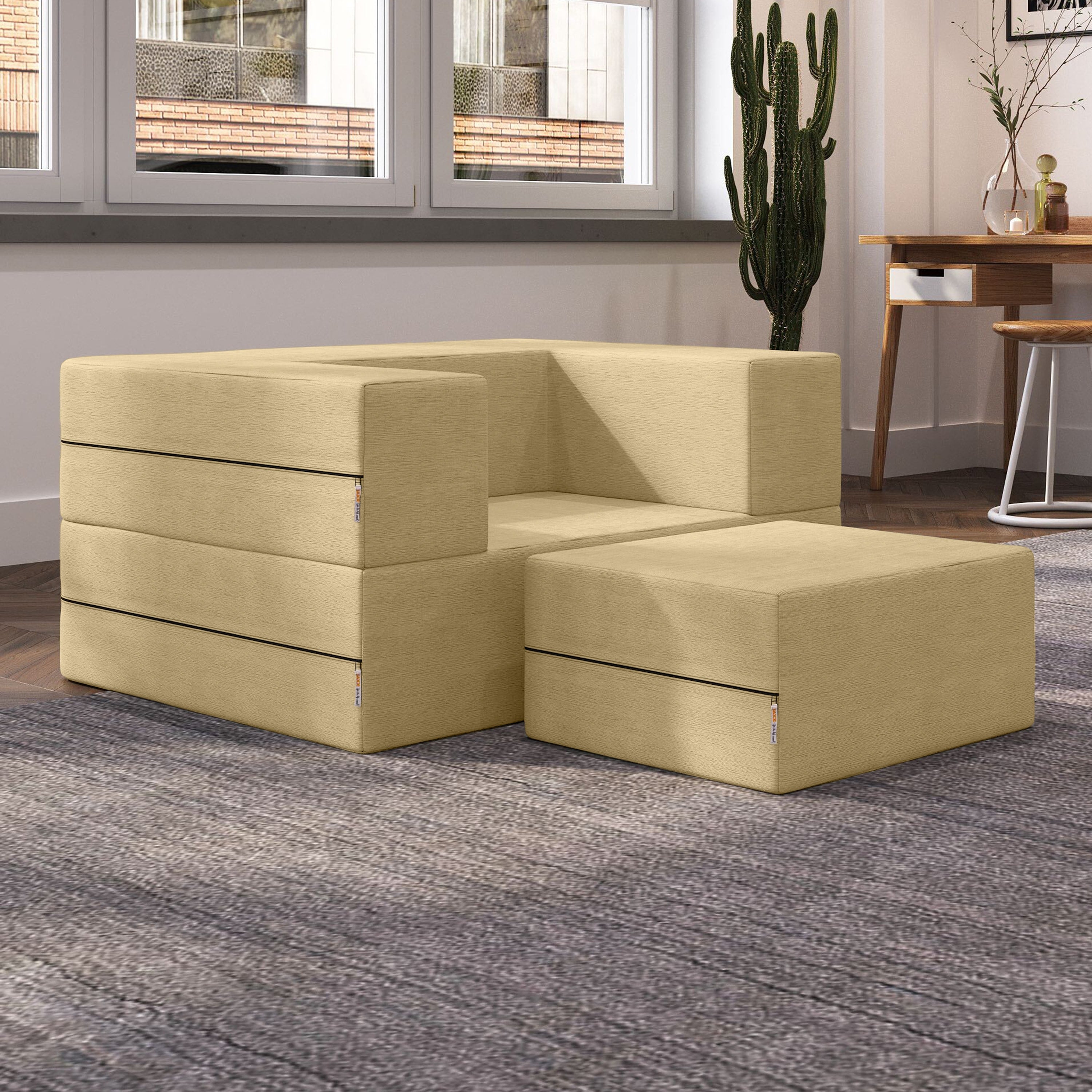 Jaxx Zipline Convertible Sleeper Futon Chair & Ottoman with Machine-Washable Cover, Camel