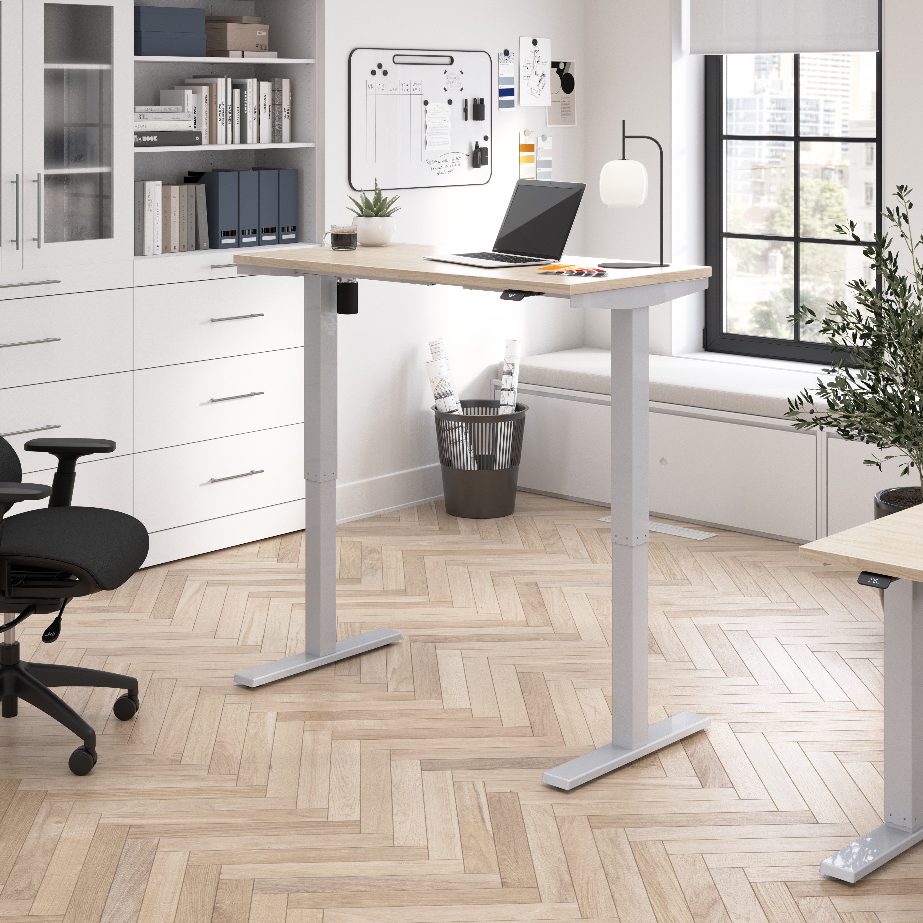 Bush Business Furniture Move 40 Series 48W x 24D Electric Height Adjustable Standing Desk in Natural Elm with Metallic Gray Base - 47.6" Width x 23.35" Depth x 28.17" Height