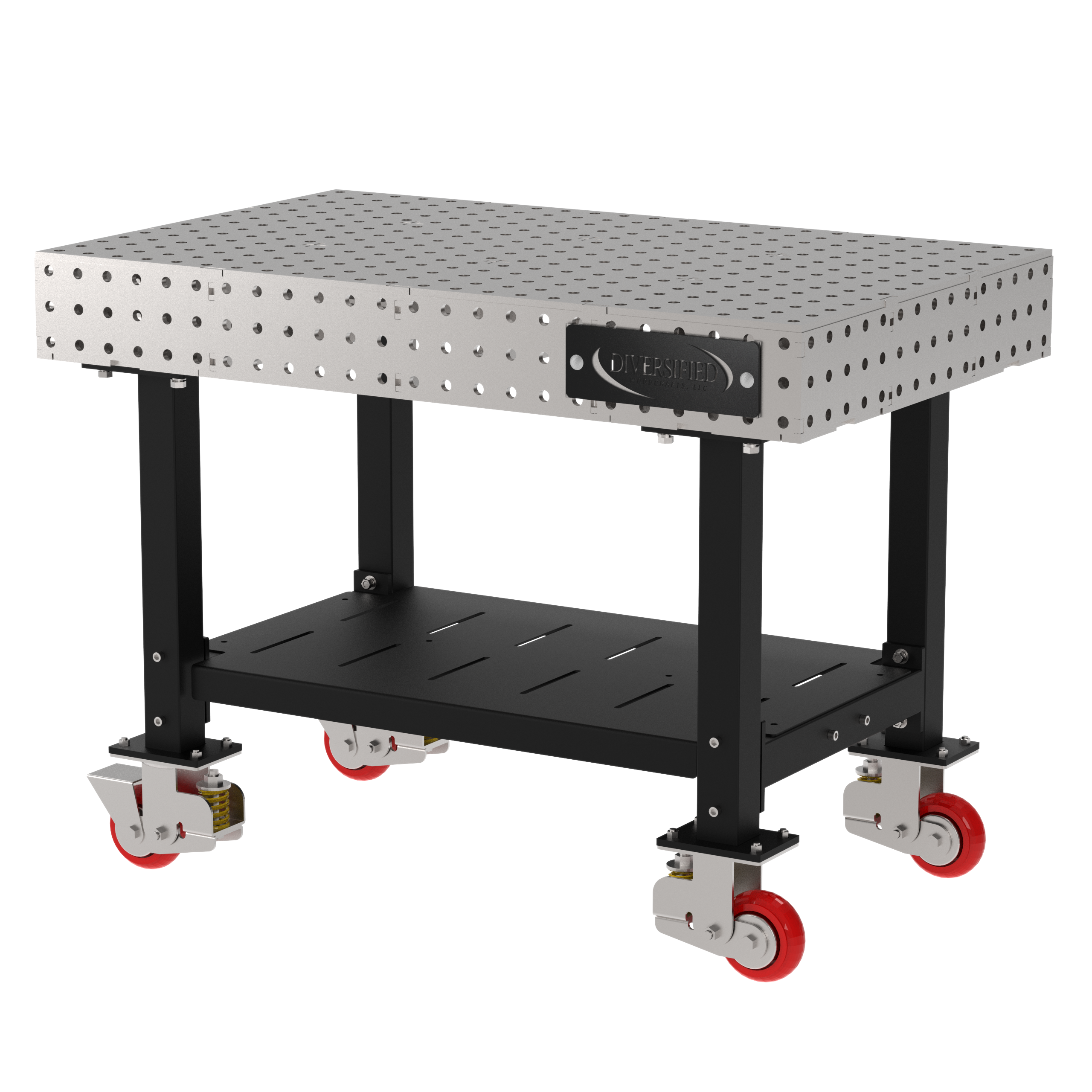 Welding Fixture Table, Fixed Height, 36"H x 48"L x 30"D, 1/4" Carbon Steel Top, Four Black Powdercoat Legs, Shelf, 4 Heavy Duty Suspension Casters (2 Locking/Swiveling Casters and 2 Non-Locking/Non-SwivelingCasters)