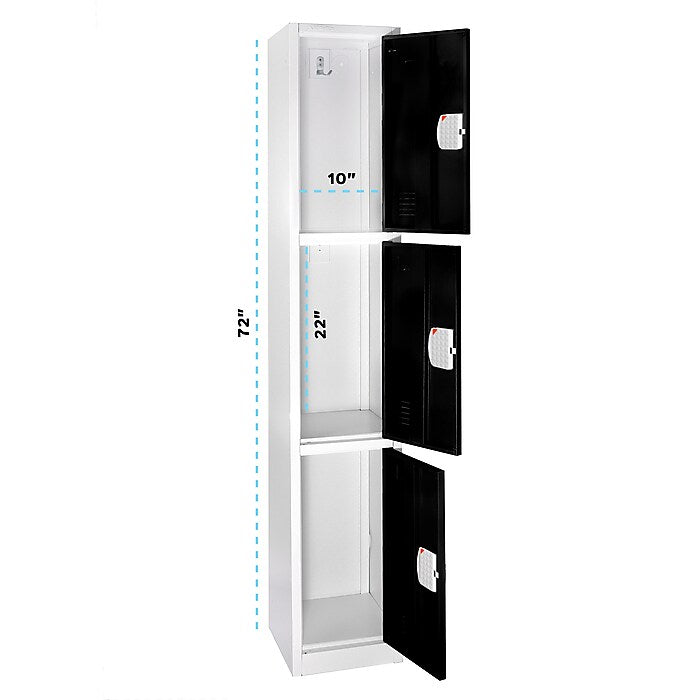 72" H x 12" W  Triple Tier Steel Storage Locker with Digital Lock, Black