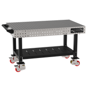 Welding Fixture Table, Fixed Height, 36"H x 60"L x 36"D, 1/4" Carbon Steel Top, Four Black Powdercoat Legs, Shelf, Handle, 4 Heavy Duty Suspension Casters (2 Locking/Swiveling Casters and 2 Non-Locking/Non-SwivelingCasters)