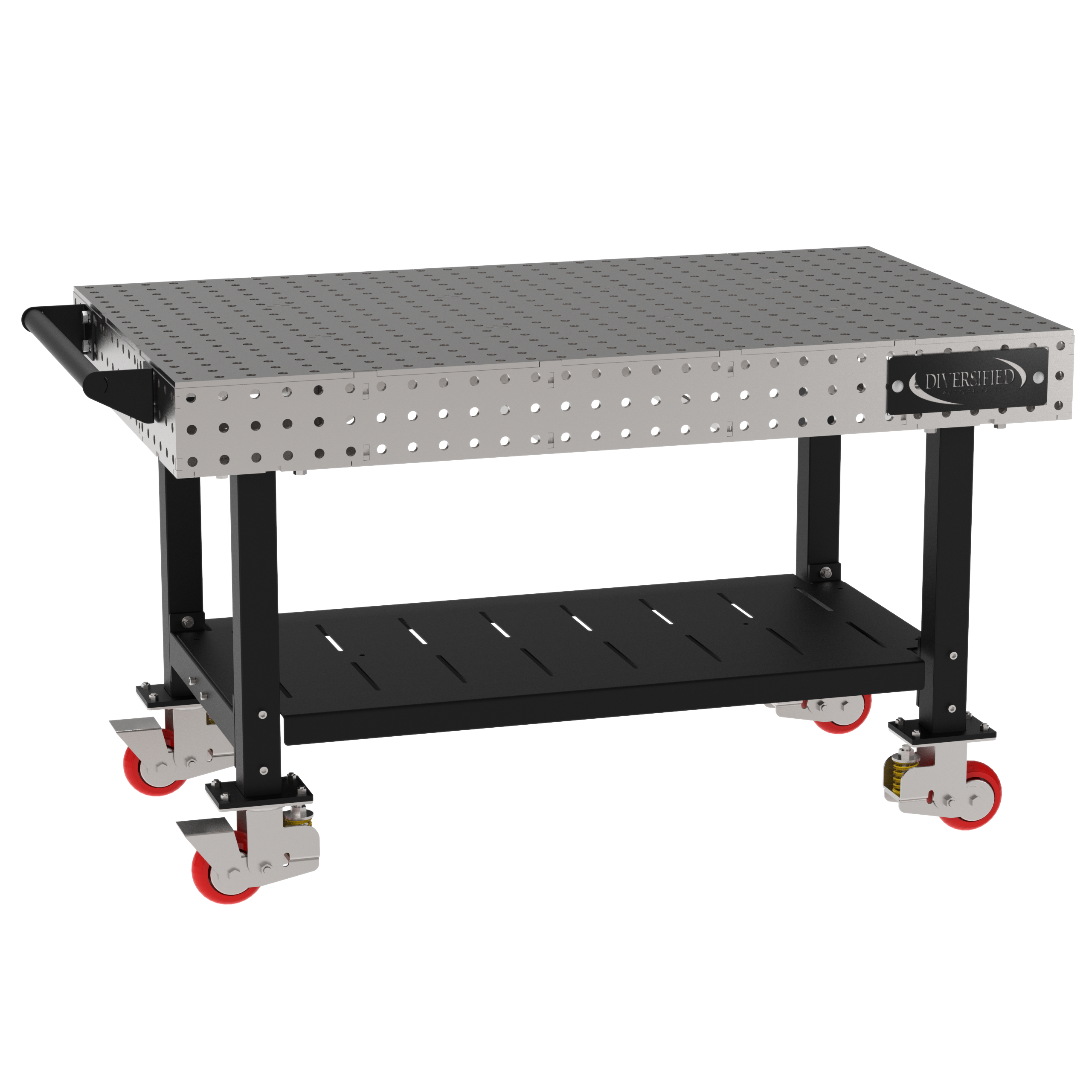 Welding Fixture Table, Fixed Height, 36"H x 60"L x 36"D, 1/4" Carbon Steel Top, Four Black Powdercoat Legs, Shelf, Handle, 4 Heavy Duty Suspension Casters (2 Locking/Swiveling Casters and 2 Non-Locking/Non-SwivelingCasters)