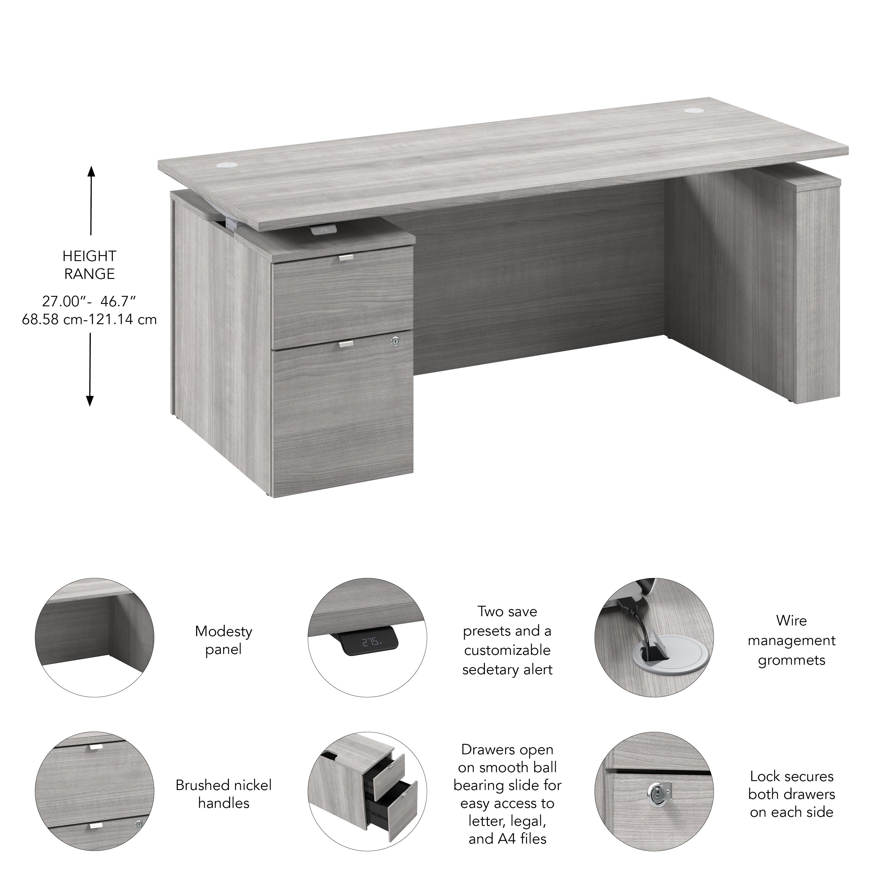 Bush Business Furniture Stratus&nbsp;72W x&nbsp;30D Eletric Height Adjustable Standing Desk with File Cabinet in Platinum Gray with Metallic Gray Base - 71.02" Width x 29.37" Depth x 27.44" Height