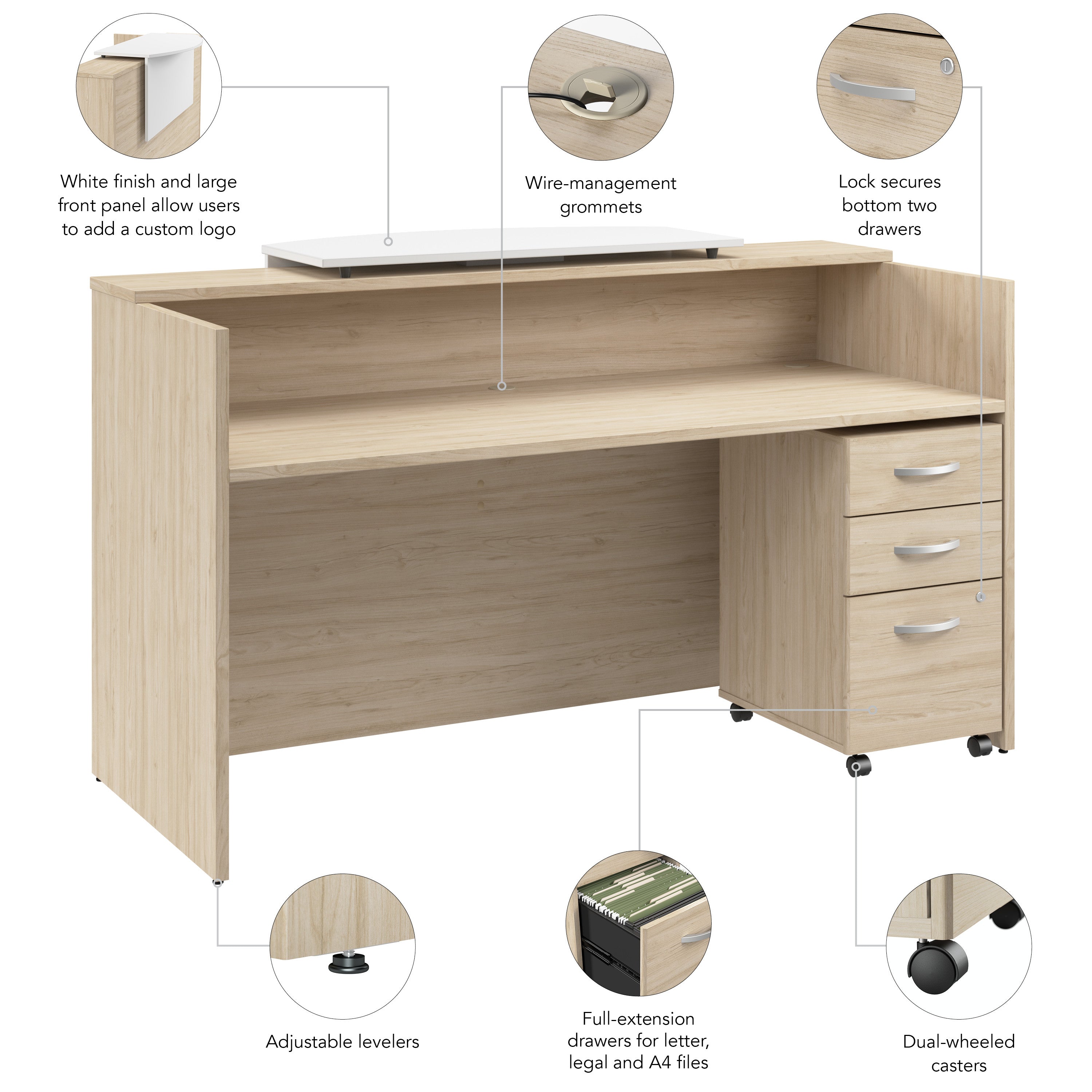 Bush Business Furniture Arrive 72W x 30D Reception Desk with Counter and Mobile File Cabinet in Natural Elm - 71.02" Width x 29.49" Depth x 40.35" Height