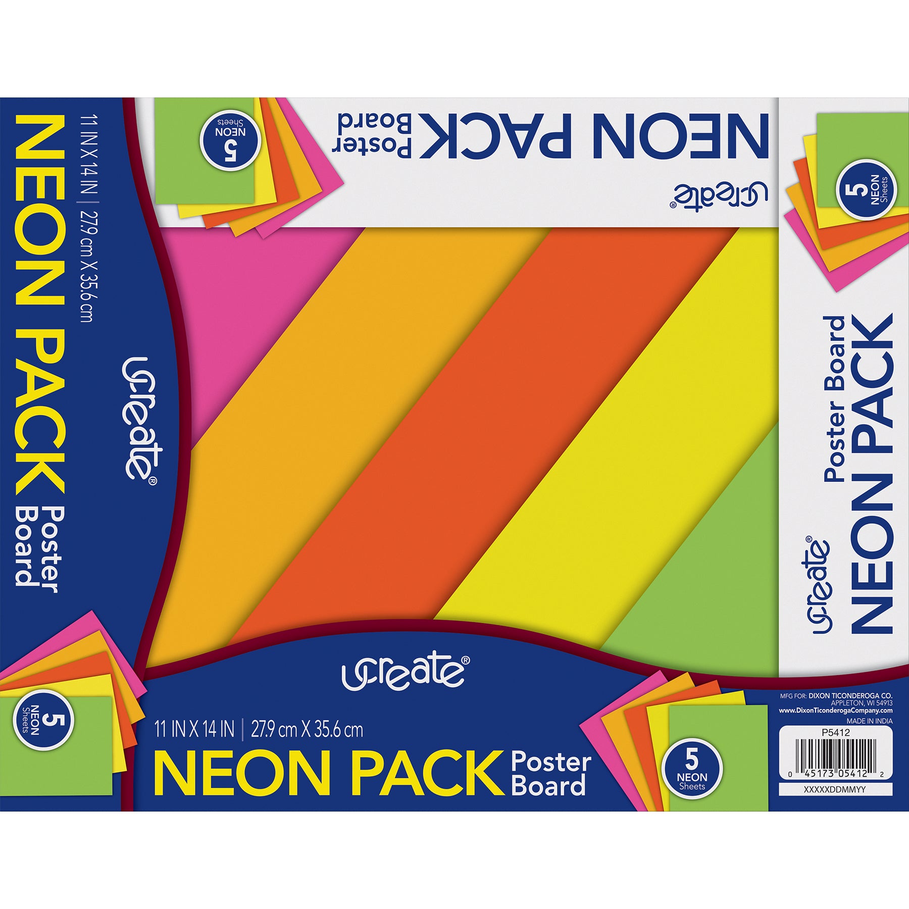 Poster Board, 5 Assorted Colors, Neon, 11" x 14", 5 Sheets