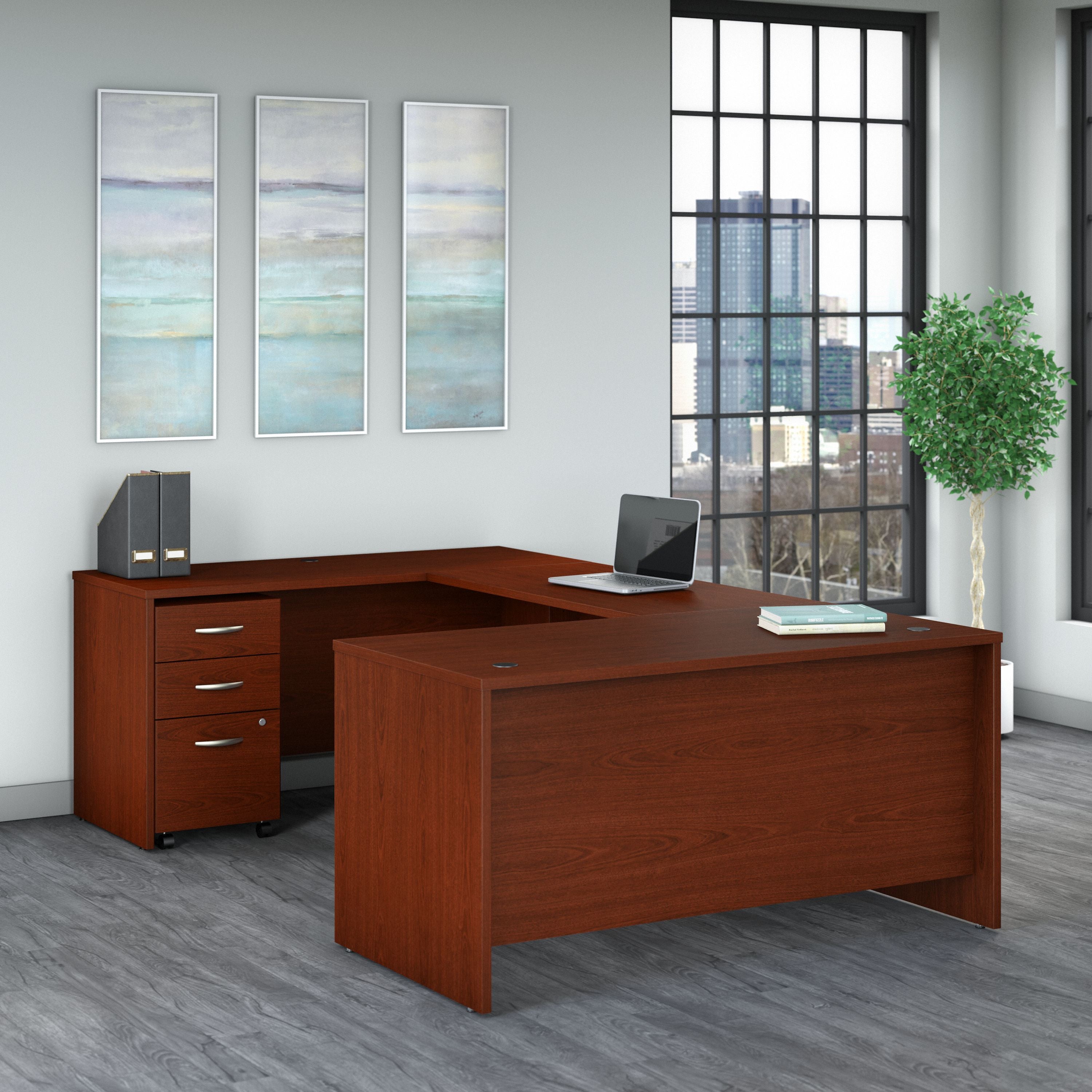 Bush Business Furniture Series C 60W U Shaped Desk with 3 Drawer Mobile File Cabinet in Mahogany - 59.45" Width x 100.4" Depth x 29.84" Height