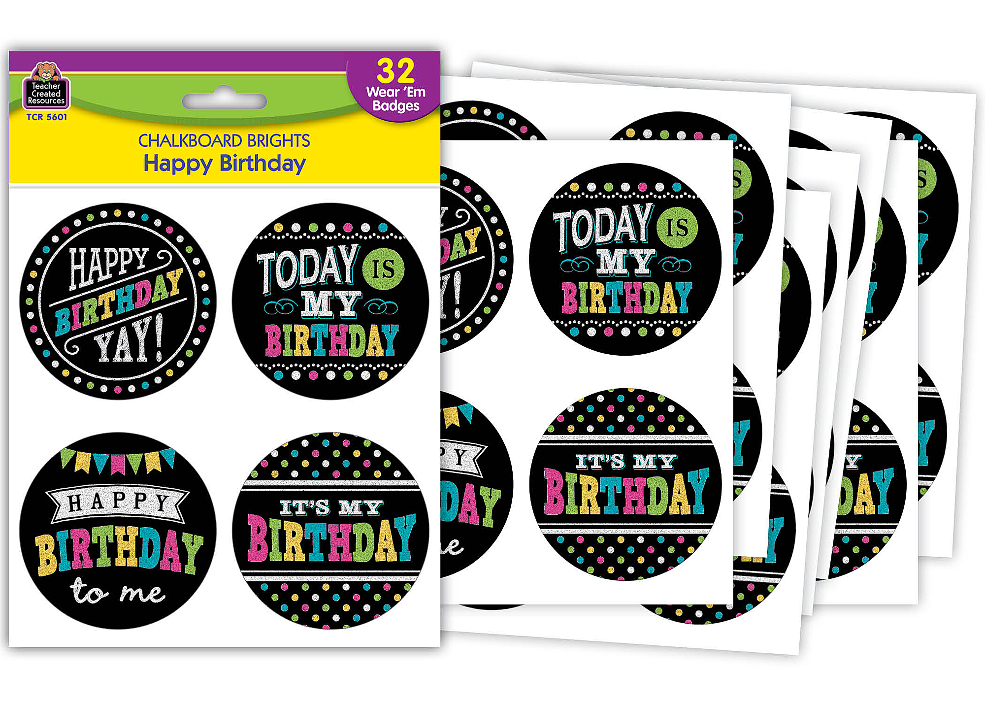 Chalkboard Brights Happy Birthday Wear ’Em Badges