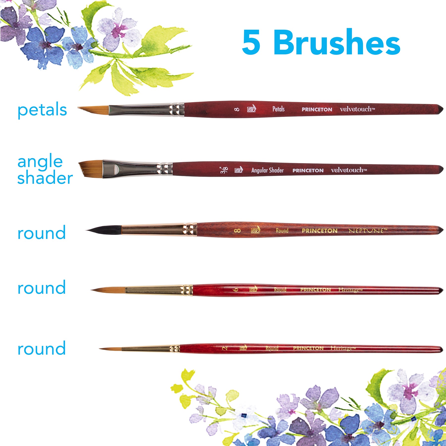Floral Brush Set, Short Handle Watercolor Paintbrush, Assorted, 5 Pieces