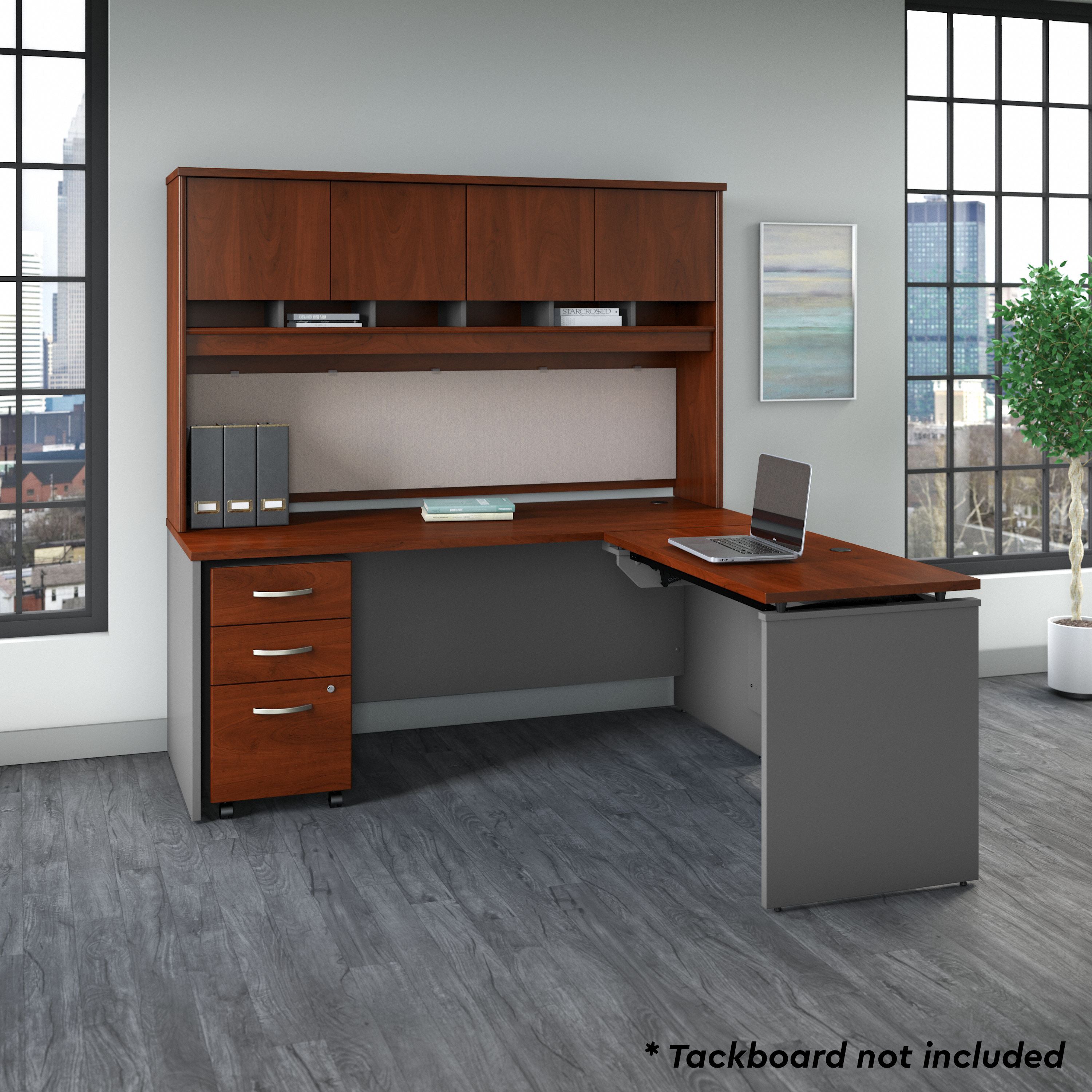 Bush Business Furniture Series C 72W x 30D 3 Position Sit to Stand L Shaped Desk with Hutch and Mobile File Cabinet in Hansen Cherry/Graphite Gray - 71.1" Width x 72.01" Depth x 72.85" Height